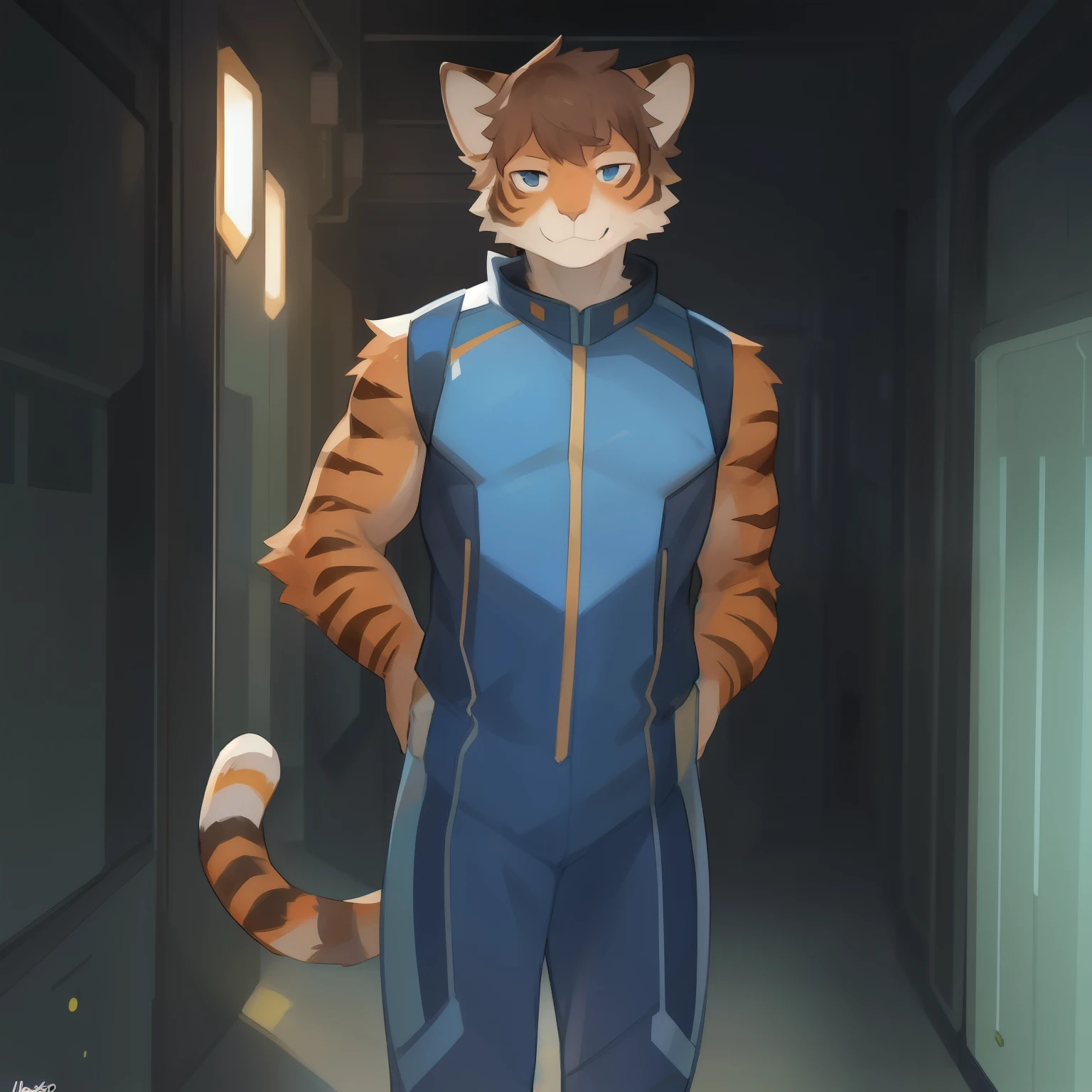 Solo, standing, sci fi hallway, male, by bebebebebe, blue spacesuit, hair, snout, muscular, feline, orange fur, stripes, (short brown hair), detailed eyes, facing viewer