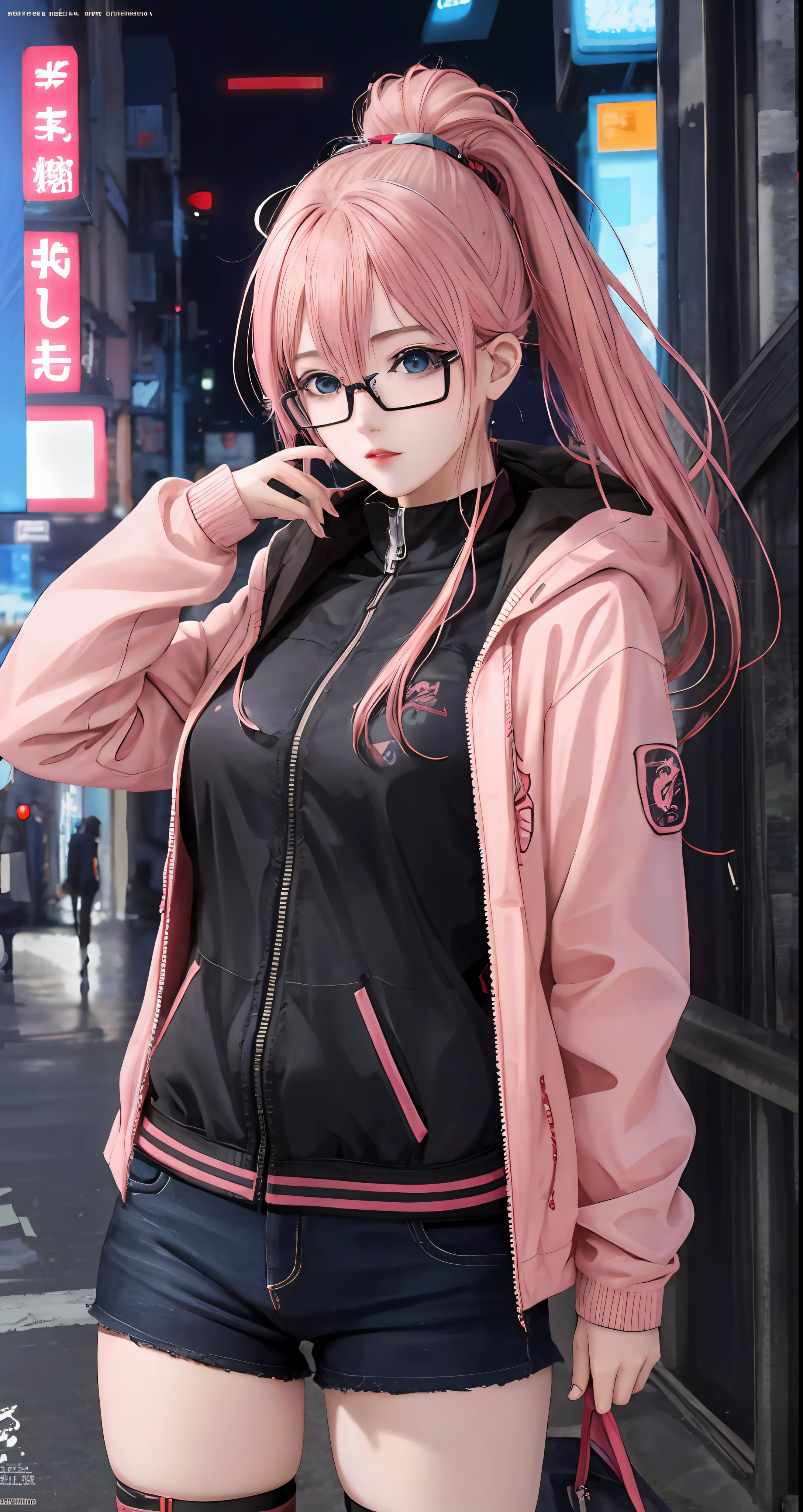 Anime girl with glasses and a pink jacket, Art not Guweiz style, retrato bonito do anime, menina cyberpunk sonhadora, garota anime cyberpunk, Arte de anime realista, Estilo anime. 8k, Digital Cyberpunk - Arte de Anime, arte de anime digital detalhada, Estilo anime 4K, anime vibes, Estilo de anime 3D realista, Guweiz, arte digital do anime cyberpunk