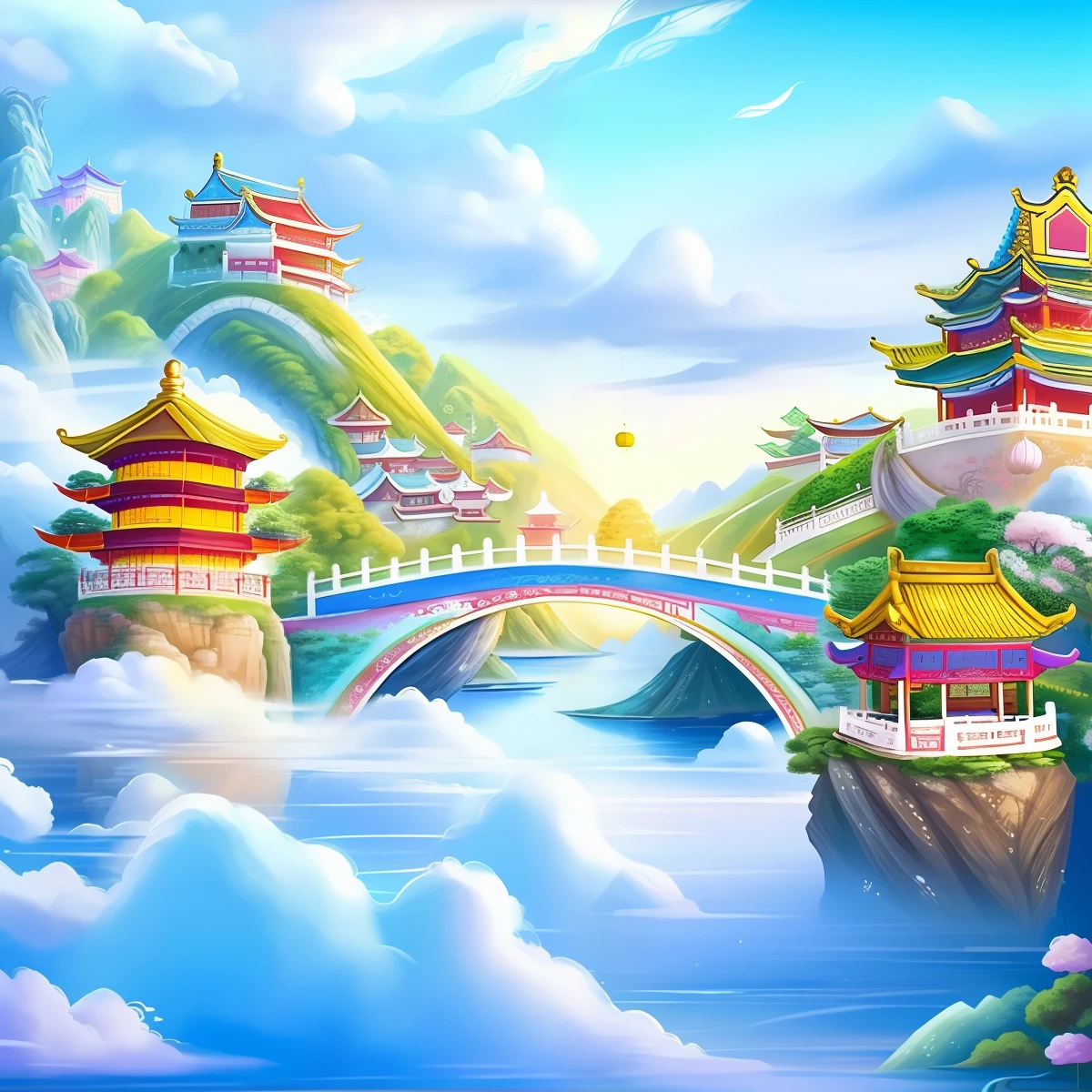 Paint a beautiful landscape with pagoda and a bridge, dreamland of chinese, Chinese fantasy, in the white clouds fairyland, in white clouds fairyland, dreamy Chinese towns, dream scenery art, lie on white clouds fairyland, Cloud Palace, floating lands in-clouds, heavenly landscape, anime beautiful peace scene, landscape artwork, beautiful detailed fantasy, Chinese landscape