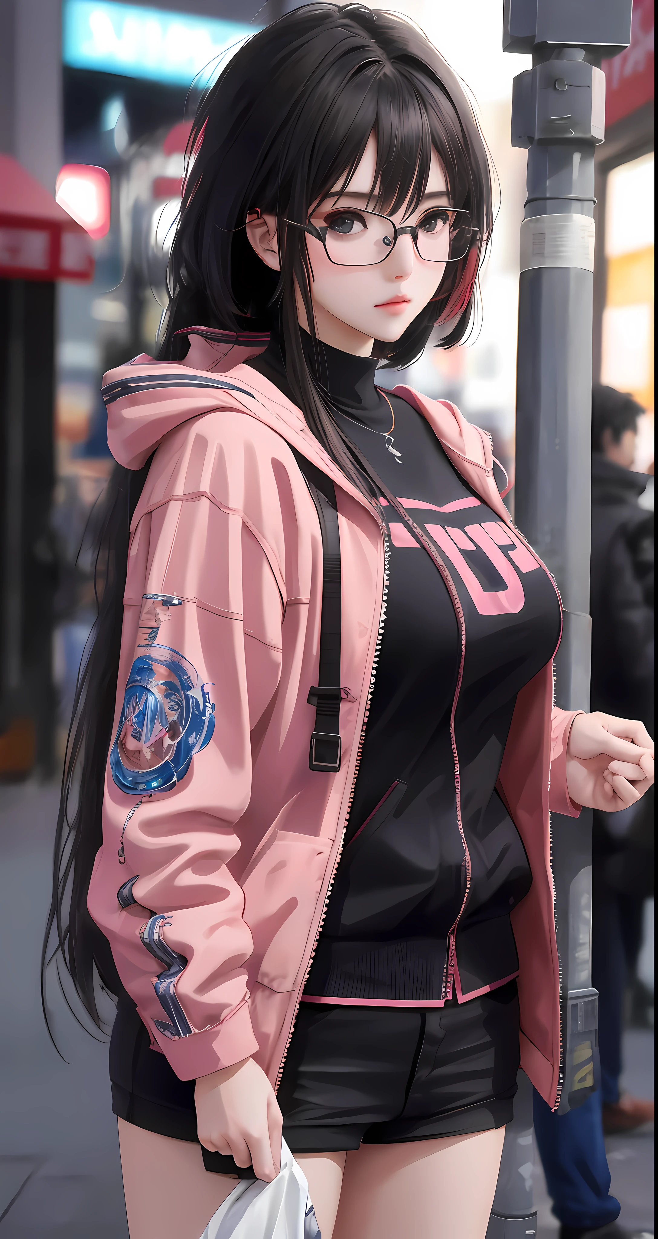 Anime girl with glasses and a pink jacket, Art not Guweiz style, retrato bonito do anime, menina cyberpunk sonhadora, garota anime cyberpunk, Arte de anime realista, Estilo anime. 8k, Digital Cyberpunk - Arte de Anime, arte de anime digital detalhada, Estilo anime 4K, anime vibes, Estilo de anime 3D realista, Guweiz, arte digital do anime cyberpunk