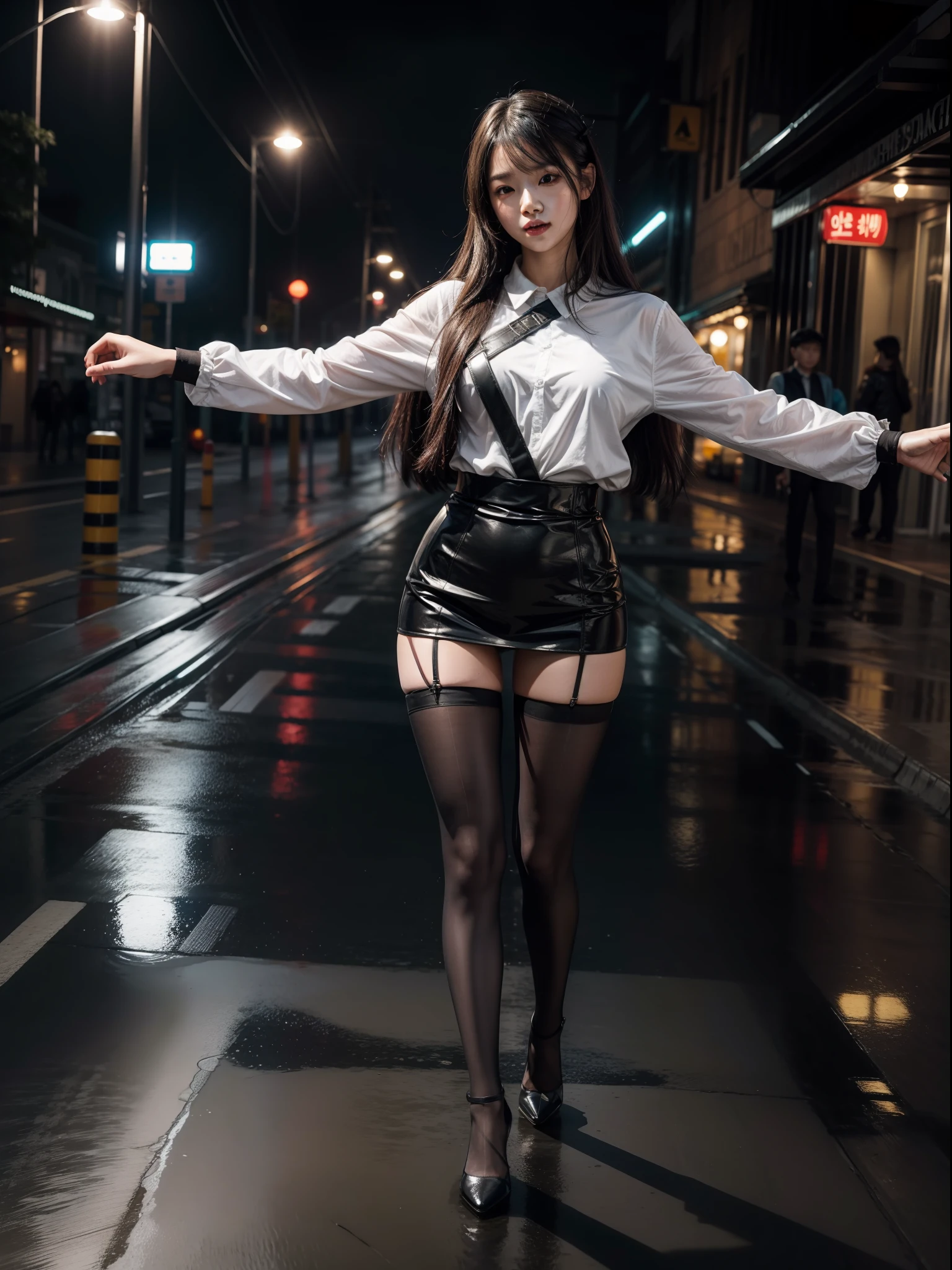 Splitting characters is prohibited，(Full body shot:1.3), Must show your face, anatomy correct, On rainy days, the road is covered with water，high-heels,Tights are mandatory, Colorful North Korean costumes， A shallow laugh, Complex and diverse backgrounds，Strangling effect,hyper HD, Ray traching, structurally correct, Award-Awarded, high detal, lightand shade contrast, Face lighting，cinmatic lighting, tmasterpiece, super detailing, high high quality, high detal, best qualityer, 16k