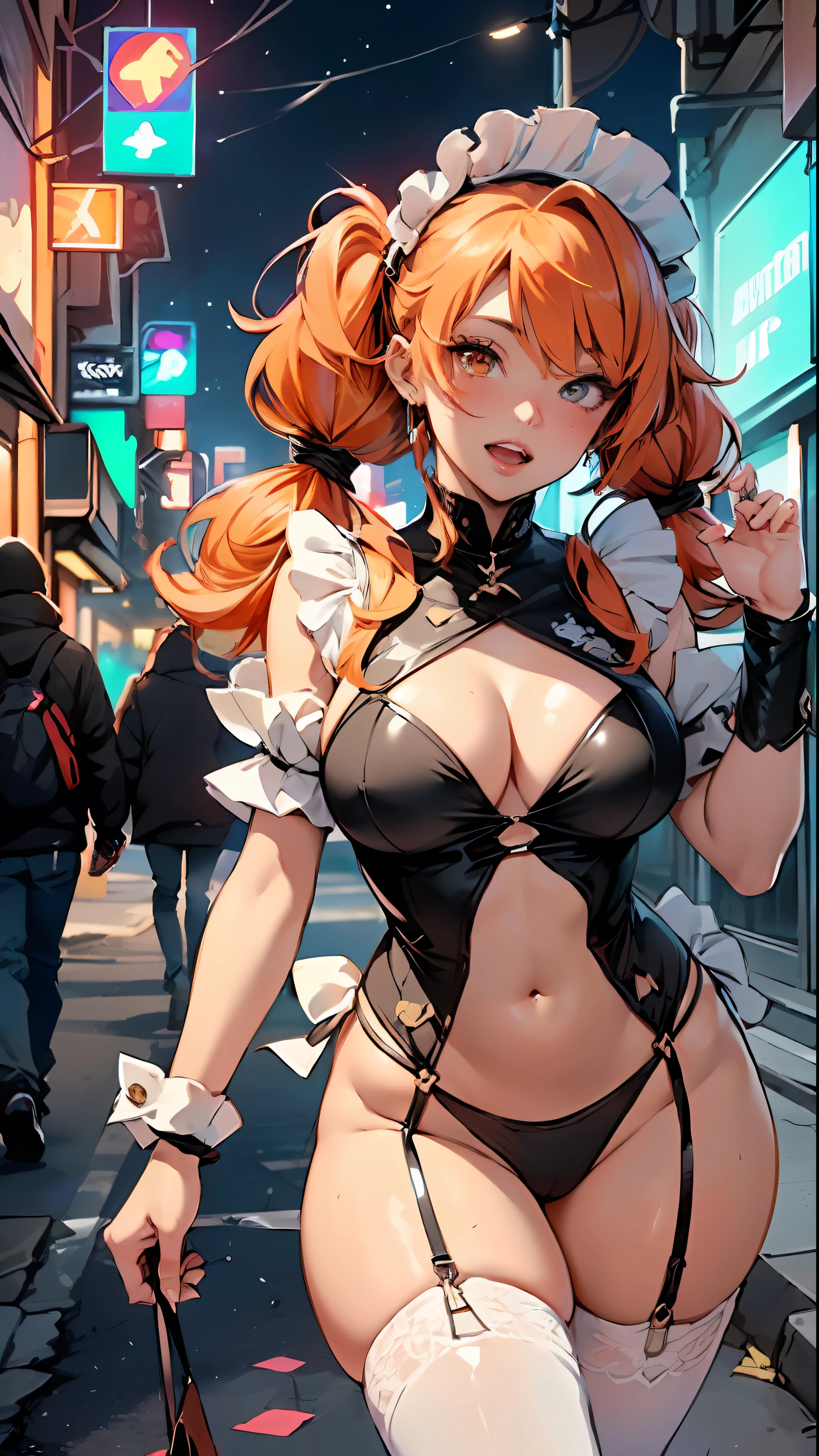 maid girl,(((1girl))),((anime maid girl with extremely cute and beautiful orange hair walking seductively down the street)),
(large breasts:1.4),bountiful breasts,fluffy breasts,H cup bust,bust up,bulging bust top,(((orange twintails hair:1.35,colored inner hair,twintails,ear breathing))),((heterochromia,eye1 orange,eye2 red,perfect eyes,upturned eyes:1.3,beautiful detailed eyes,finely detailed beautiful eyes:1,big highlight on eyes:1.2,slanted eyes)),((fat)),(((lustrous skin:1.5,bright skin: 1.5,skin tanned,shiny skin,very shiny skin,shiny body,plastic glitter skin,exaggerated shiny skin))),(spider lower abdomen,narrow waist,wide hip,athletic body,inflated legs,delicate detailed fingers,detailed body,detailed arms,human hands,(detailed face)),
cute,slutty,seductive,erotic,(((nsfw))),
zettai ryouiki,(maid headdress),maid uniform,Headdress,(maid),sleeveless,mini skirt,boots,cleavage cutout,bare legs,clothes with a lot of lace frills,(detailed outfit,detailed clothes),
(dynamic pose:1.0),solo focus,happy,((open mouth)),,centered,scale to fit dimensions,Rule of thirds,
outdoors,((night view)),(cyberpunk night street Background: 1.5,dark sky,alleyway,lonely alley,thick clouds,detailed background:1.25),
(best quality),(high resolution),(sharp focus),(ultra detailed),(extremely detailed),(extremely high quality artwork),8k_wallpaper,(extremely detailed CG 8k),(very fine 8K CG),((hyper super ultra detailed perfect piece)),flawless,(((masterpiece))),illustration,vibrant colors,(intricate),High contrast,Selective lighting,Double exposure,HDR (High Dynamic Range),Post-processing,Background blur,