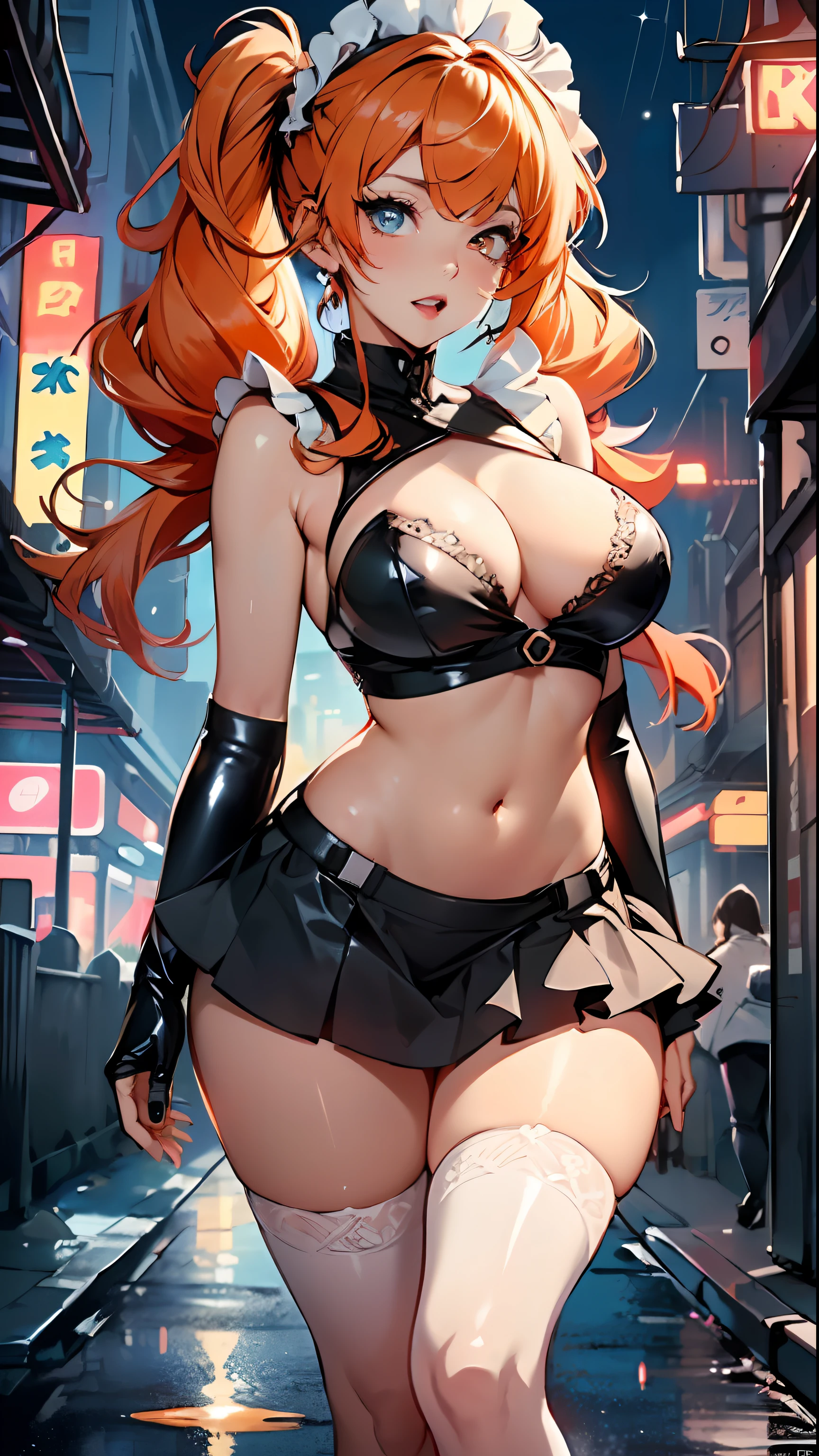 maid girl,(((1girl))),((anime maid girl with extremely cute and beautiful orange hair walking seductively down the street)),
(large breasts:1.4),bountiful breasts,fluffy breasts,H cup bust,bust up,bulging bust top,(((orange twintails hair:1.35,colored inner hair,twintails,ear breathing))),((heterochromia,eye1 orange,eye2 red,perfect eyes,upturned eyes:1.3,beautiful detailed eyes,finely detailed beautiful eyes:1,big highlight on eyes:1.2,slanted eyes)),((fat)),(((lustrous skin:1.5,bright skin: 1.5,skin tanned,shiny skin,very shiny skin,shiny body,plastic glitter skin,exaggerated shiny skin))),(spider lower abdomen,narrow waist,wide hip,athletic body,inflated legs,delicate detailed fingers,detailed body,detailed arms,human hands,(detailed face)),
cute,slutty,seductive,erotic,(((nsfw))),
zettai ryouiki,(maid headdress),maid uniform,Headdress,(maid),sleeveless,mini skirt,boots,cleavage cutout,bare legs,clothes with a lot of lace frills,(detailed outfit,detailed clothes),
(dynamic pose:1.0),solo focus,happy,((open mouth)),,centered,scale to fit dimensions,Rule of thirds,
outdoors,((night view)),(cyberpunk night street Background: 1.5,dark sky,alleyway,lonely alley,thick clouds,detailed background:1.25),
(best quality),(high resolution),(sharp focus),(ultra detailed),(extremely detailed),(extremely high quality artwork),8k_wallpaper,(extremely detailed CG 8k),(very fine 8K CG),((hyper super ultra detailed perfect piece)),flawless,(((masterpiece))),illustration,vibrant colors,(intricate),High contrast,Selective lighting,Double exposure,HDR (High Dynamic Range),Post-processing,Background blur,
