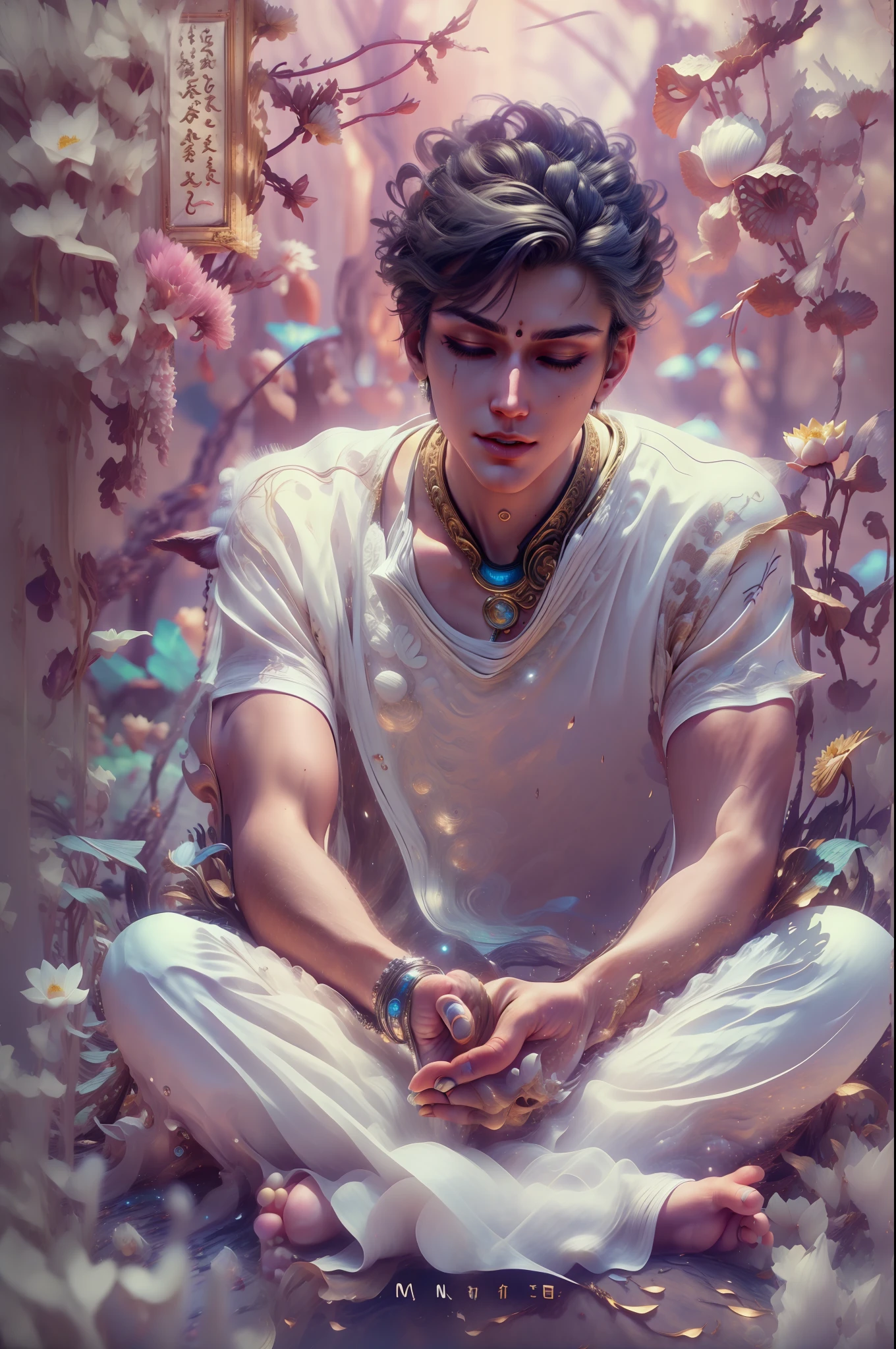 Handsome guy in a white shirt，Sit and meditate in a lotus pose，Look at the audience with your eyes closed，raised head，Floating on the ground，cheerfulness，A slight smil，realisticlying，Bokeh，light particules，very highly detailed background，detailed face with，Detailed and complex busy background，Untidy，opulent，milkyW，Highly detailed hands，Realistic details of skin，Visible Pore，tack sharp focus，volume fog，8K  UHD，digital SLR camera，high qulity，filmgrain，White skin of the，photo-realism，lomo graphy，Huge metropolis in a dystopia of the future , look from down