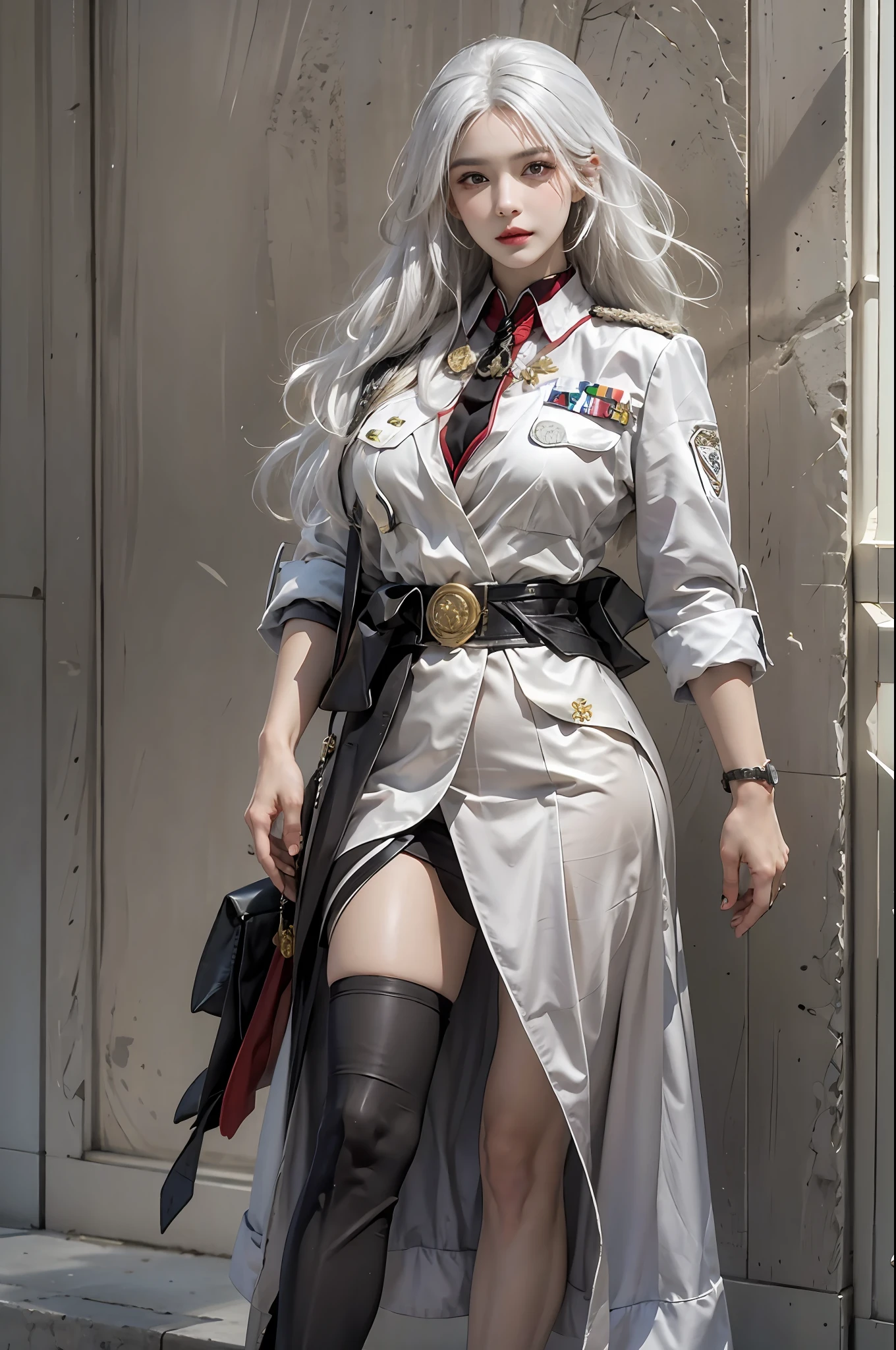photorealistic, high resolution, 1women, solo, hips up, look at viewer, (detailed face), white hair, long hair, military uniform, jewelry