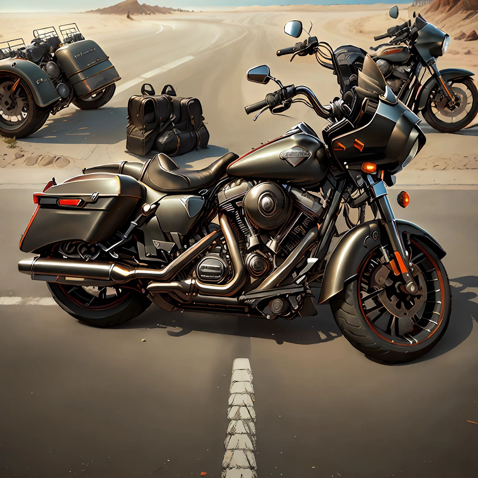 Harley-Davidson Road Glide: A touring bike with a characteristic double windshield,(total view) ,Mad Max CogPunkAI ,Cores ?? k, (preto blacko neon),4D ,rota 66