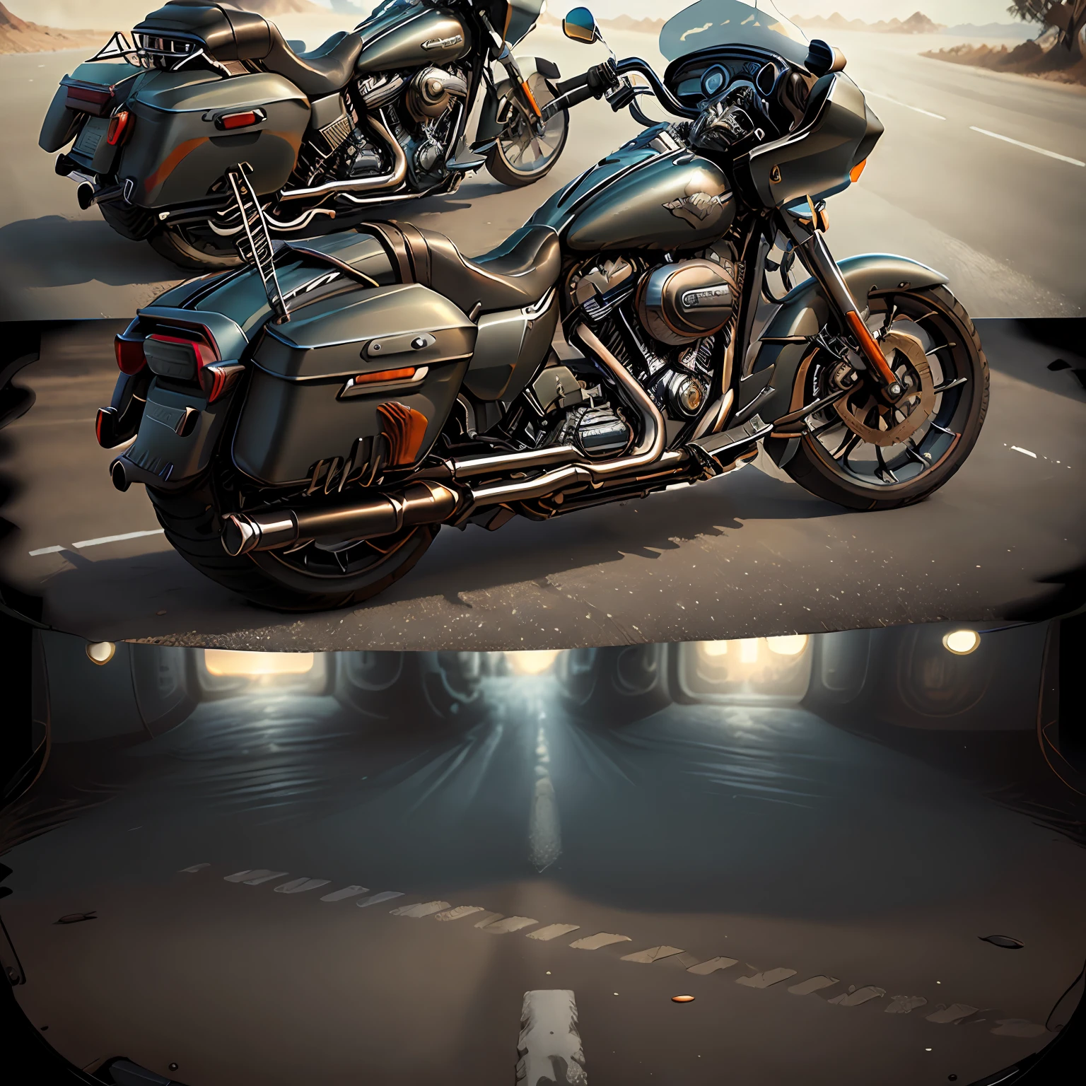 Harley-Davidson Road Glide: A touring bike with a characteristic double windshield,(total view) ,Mad Max CogPunkAI ,Cores 64 k, (preto blacko neon),4D ,rota 66