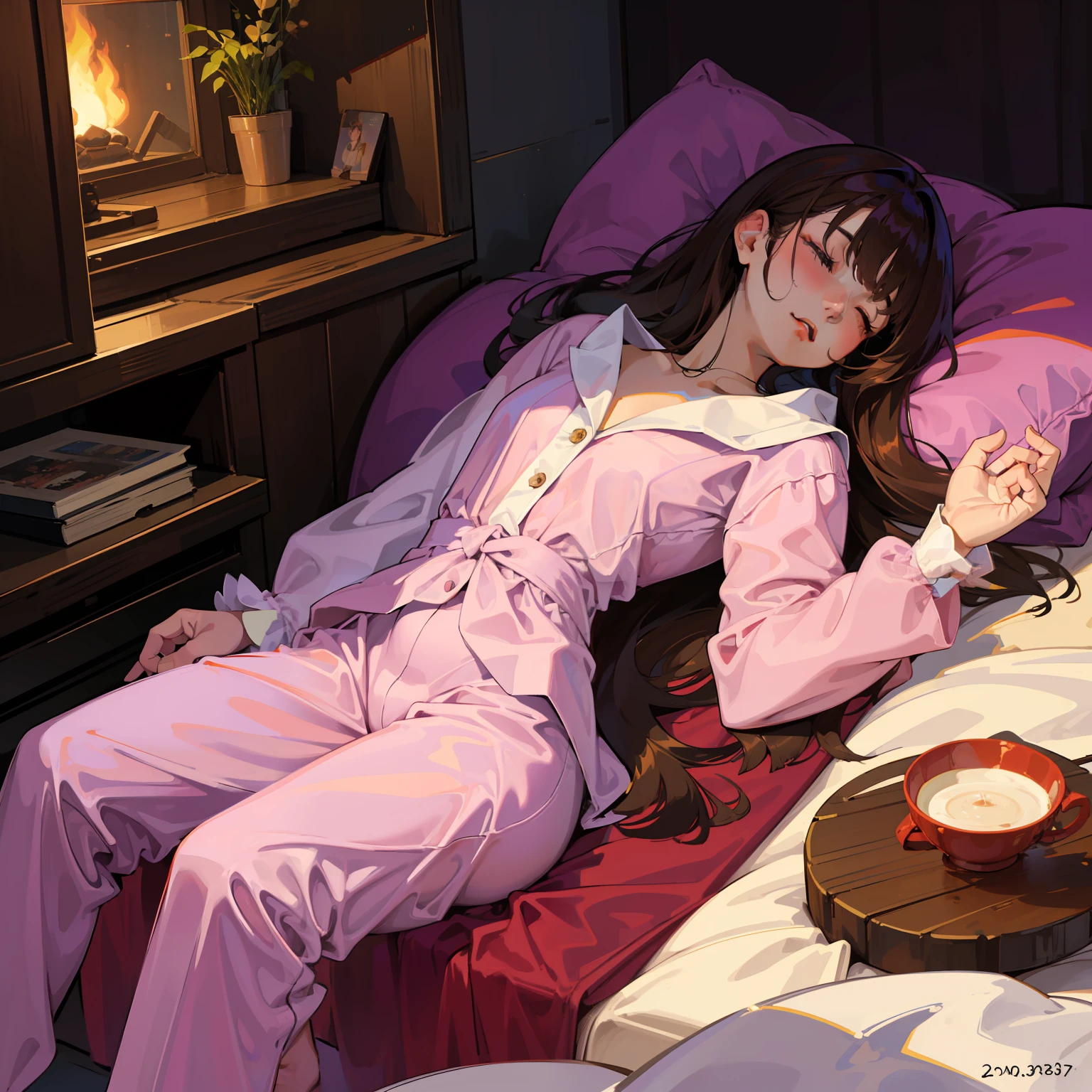 Sleeping girl, 22 years old, realistic, she is wearing long pants, she is wearing pink pajama, brown hair.