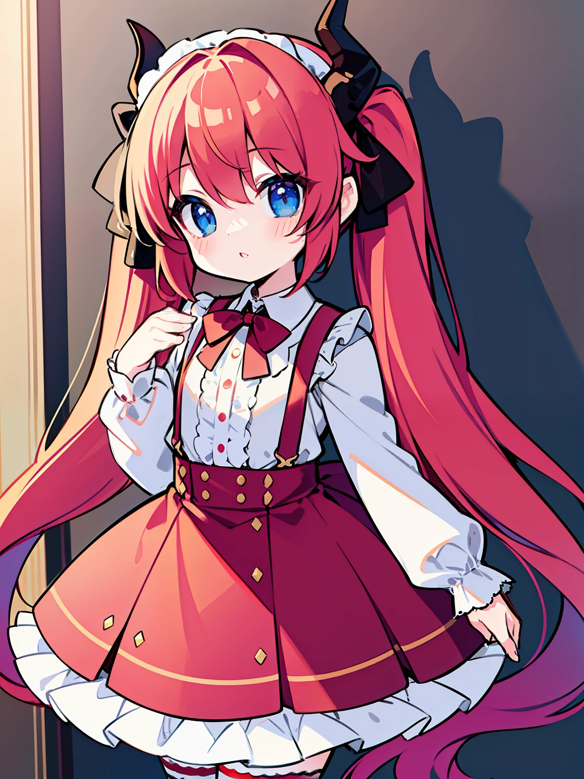 {{best quality}}, {{masterpiece}}, {{ultra-detailed}}, {illustration}, {detailed light}, red hair,blue eyes,twintails,lolita,Suspenders skirt,Fantastic,loli,solo,Dragon horns, girl,long hair