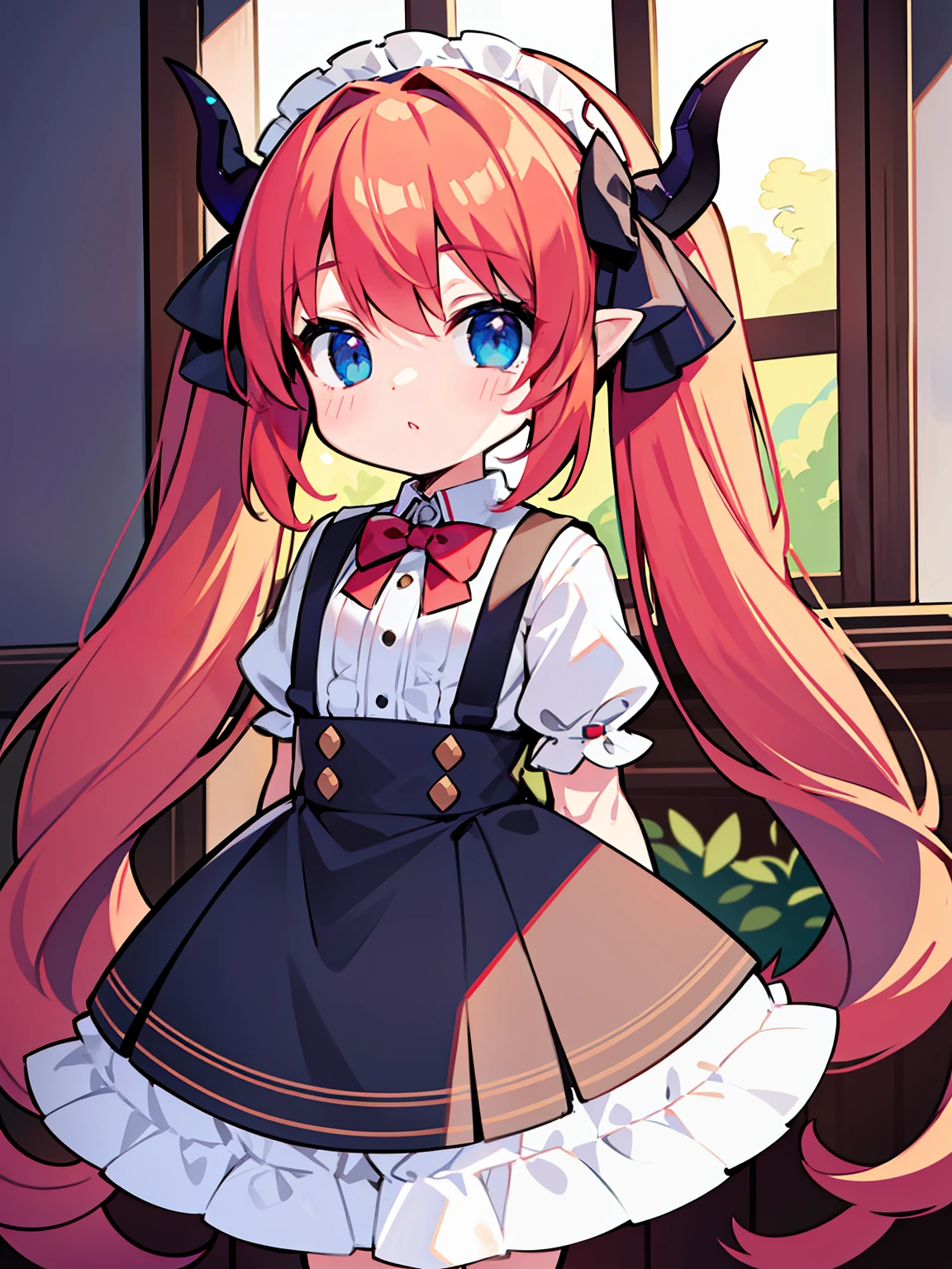 {{best quality}}, {{masterpiece}}, {{ultra-detailed}}, {illustration}, {detailed light}, red hair,blue eyes,twintails,ta,Suspenders skirt,Fantastic,lolio,Dragon horns,little gir