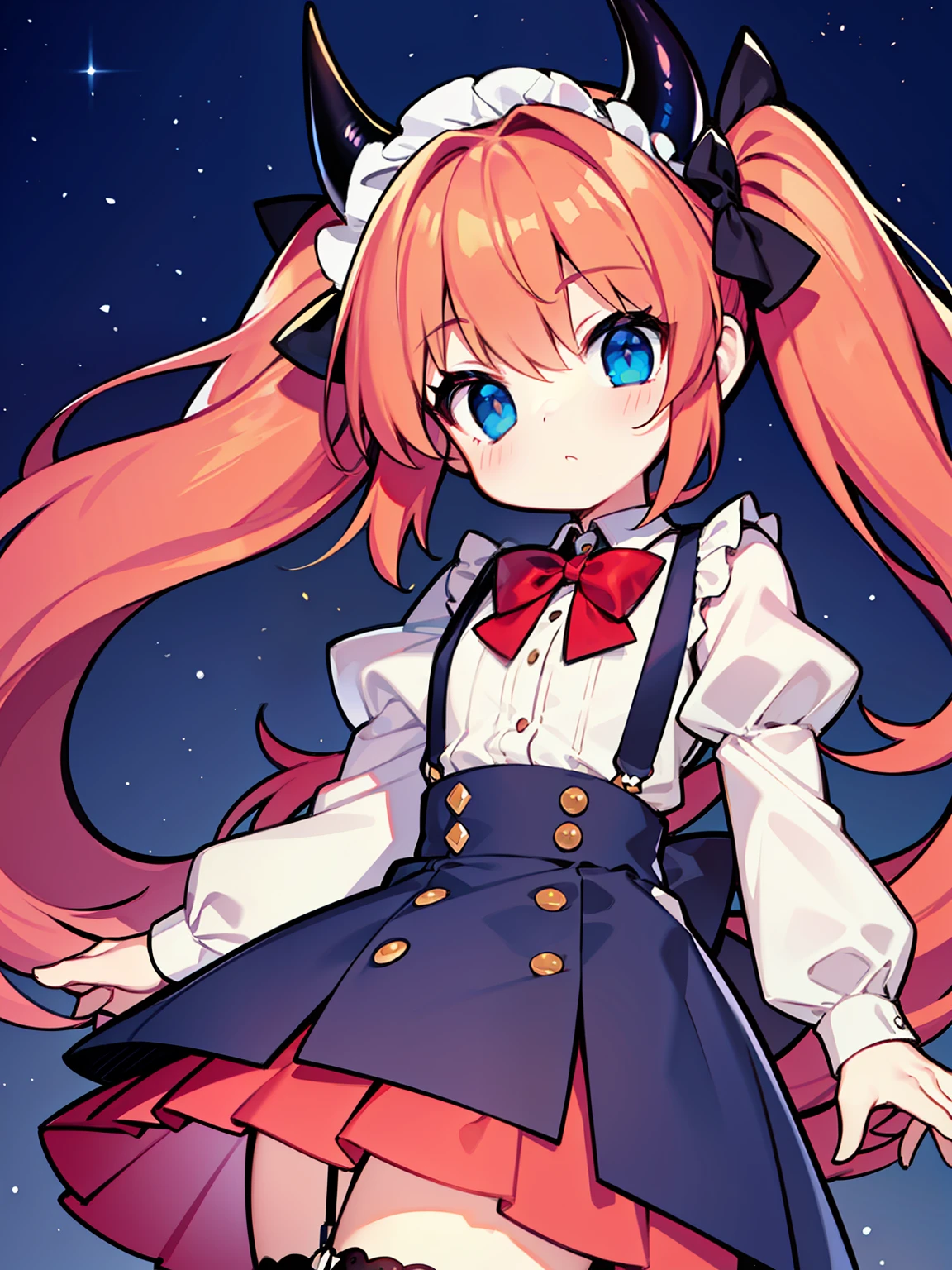 {{best quality}}, {{masterpiece}}, {{ultra-detailed}}, {illustration}, {detailed light}, red hair,blue eyes,twintails,ta,Suspenders skirt,Fantastic,lolio,Dragon horns,little gir