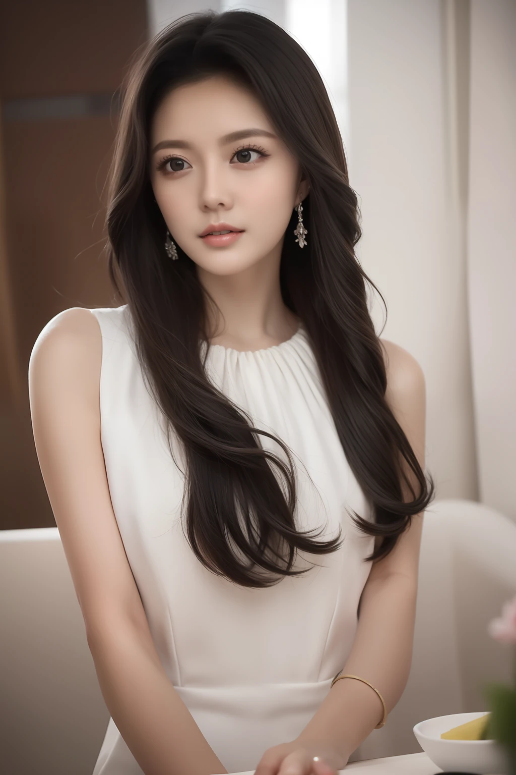 white dress,looking at viewer, floral print, depth of field, night cityscape, (1girl:1.6), long hair, ulzzang-6500v1.1, (original: 1.2), (realistic: 1.3) , beautiful girl with beautiful details, extremely detailed eyes and face, eyes with beautiful details, absurd, incredibly absurd, huge file size, ultra detail, high resolution, ultra detailed, best quality, masterpiece, illustration, ultra detailed and beautiful, ultra detailed, CG, unity, 8k wallpaper, amazing, fine Detail, masterpiece, top quality, official art, extremely detailed CG unity 8k wallpaper, cinematic lighting, (perfect shiny skin:0.6), slim and smooth lines, (floating), (small breasts:1), earrings ,