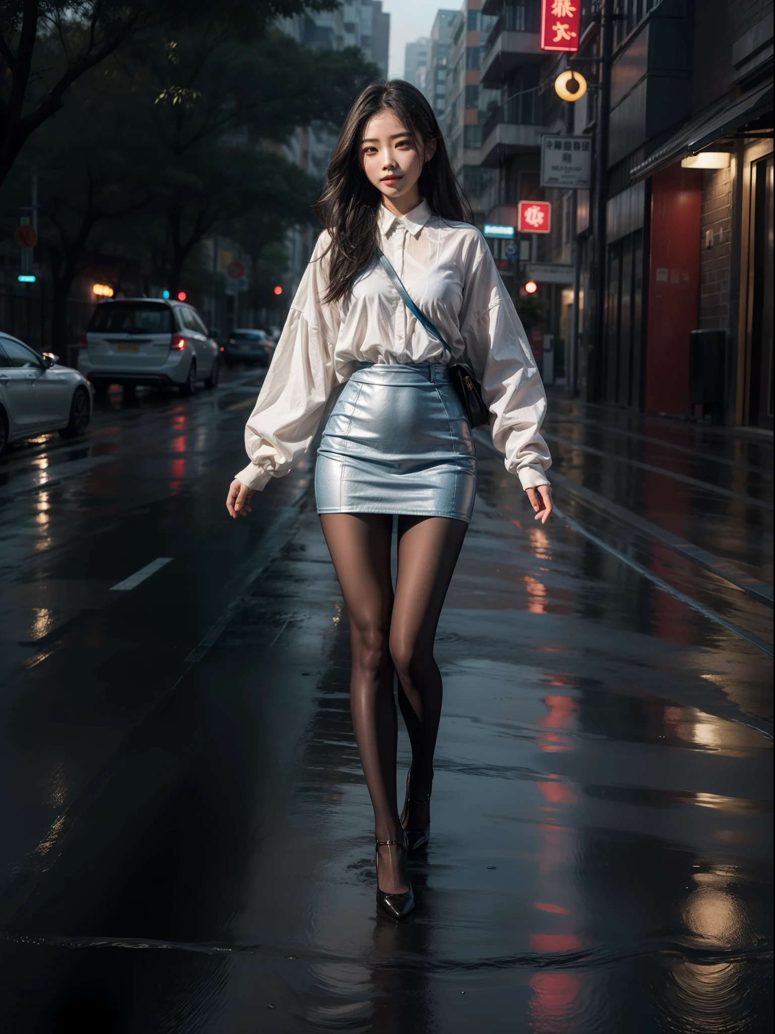 Splitting characters is prohibited,(Full body shot:1.3), Must show your face, anatomy correct, It rained heavily and the road surface accumulated a lot of water,high-heels,Tights are mandatory, Colorful Republic of China student uniforms, A shallow laugh, Complex and diverse backgrounds,Strangling effect,hyper HD, Ray traching, structurally correct, Award-Awarded, high detal, lightand shade contrast, Face lighting,cinmatic lighting, tmasterpiece, super detailing, high high quality, high detal, best qualityer, 16k