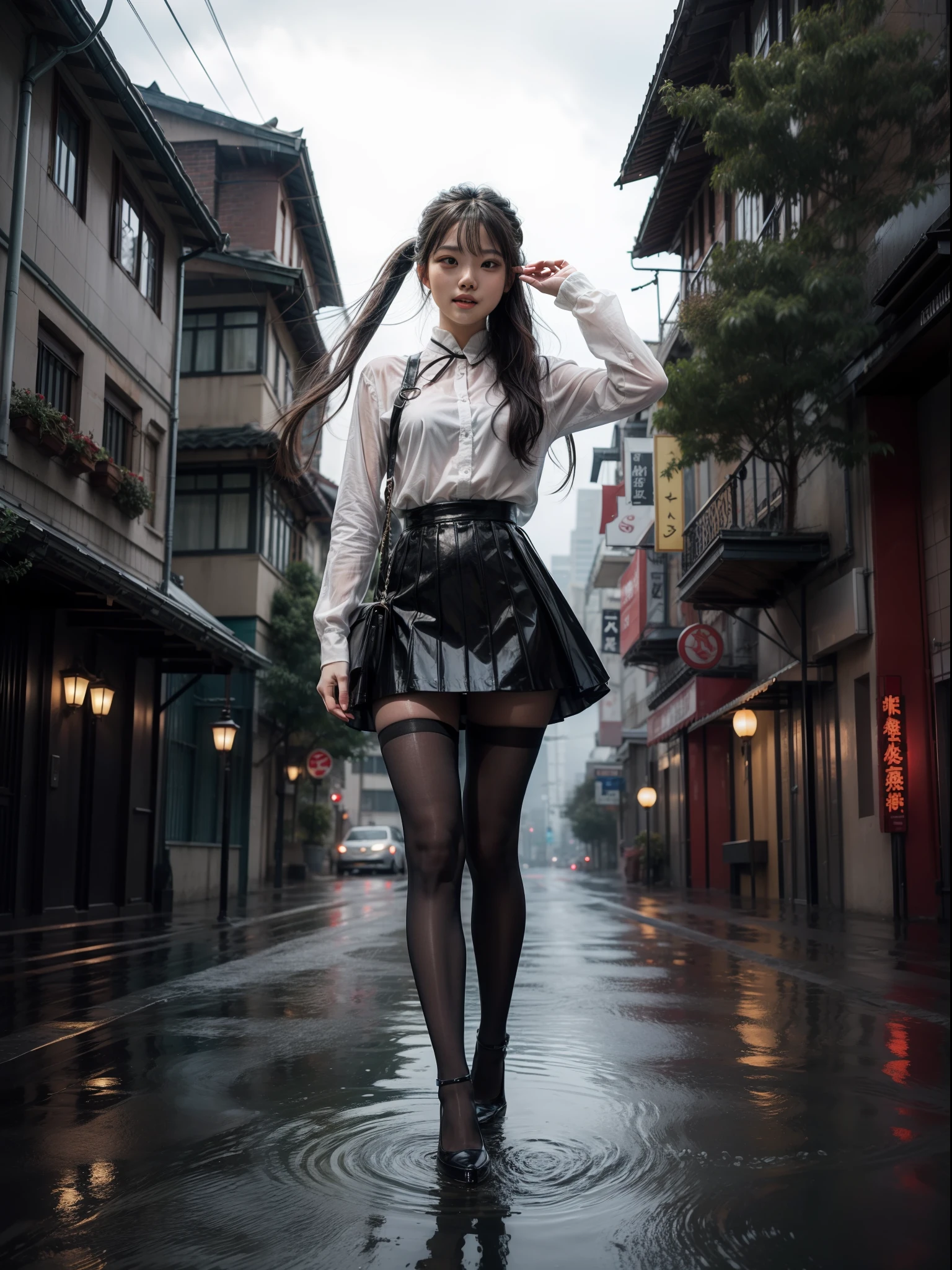 Splitting characters is prohibited,(Full body shot:1.3), Must show your face, anatomy correct, It rained heavily and the road surface accumulated a lot of water,high-heels,Tights are mandatory, Colorful Republic of China student uniforms, A shallow laugh, Complex and diverse backgrounds,Strangling effect,hyper HD, Ray traching, structurally correct, Award-Awarded, high detal, lightand shade contrast, Face lighting,cinmatic lighting, tmasterpiece, super detailing, high high quality, high detal, best qualityer, 16k