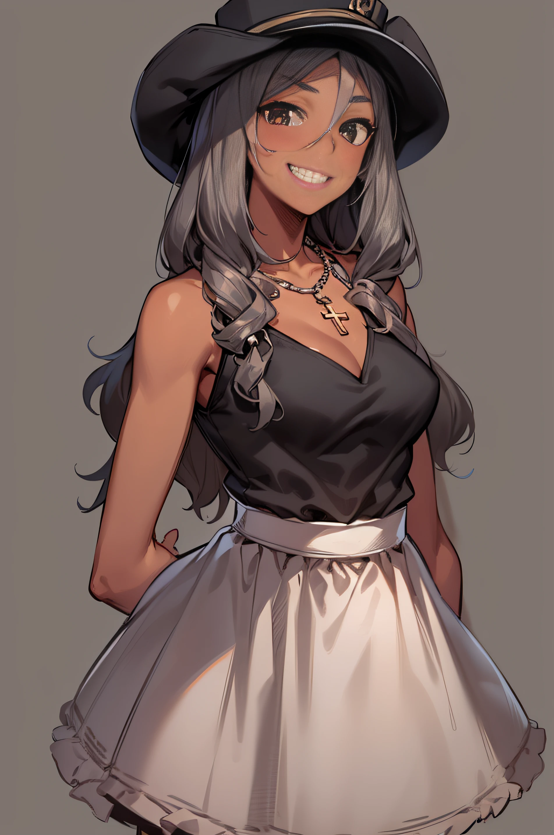 1girl, dress, solo, black dress, long hair, brown background, smile, crossed arms, hat, grin, brown eyes, dark skin, black headwear, sleeveless, very long hair, sleeveless dress, necklace, dark-skinned female, bare arms, jewelry, looking at viewer, bare shoulders, white hair, bangs, hair between eyes, chain, teeth, collarbone, head tilt, cross, top hat, small breasts, simple background, eyebrows hidden by hair, blush, peaked cap