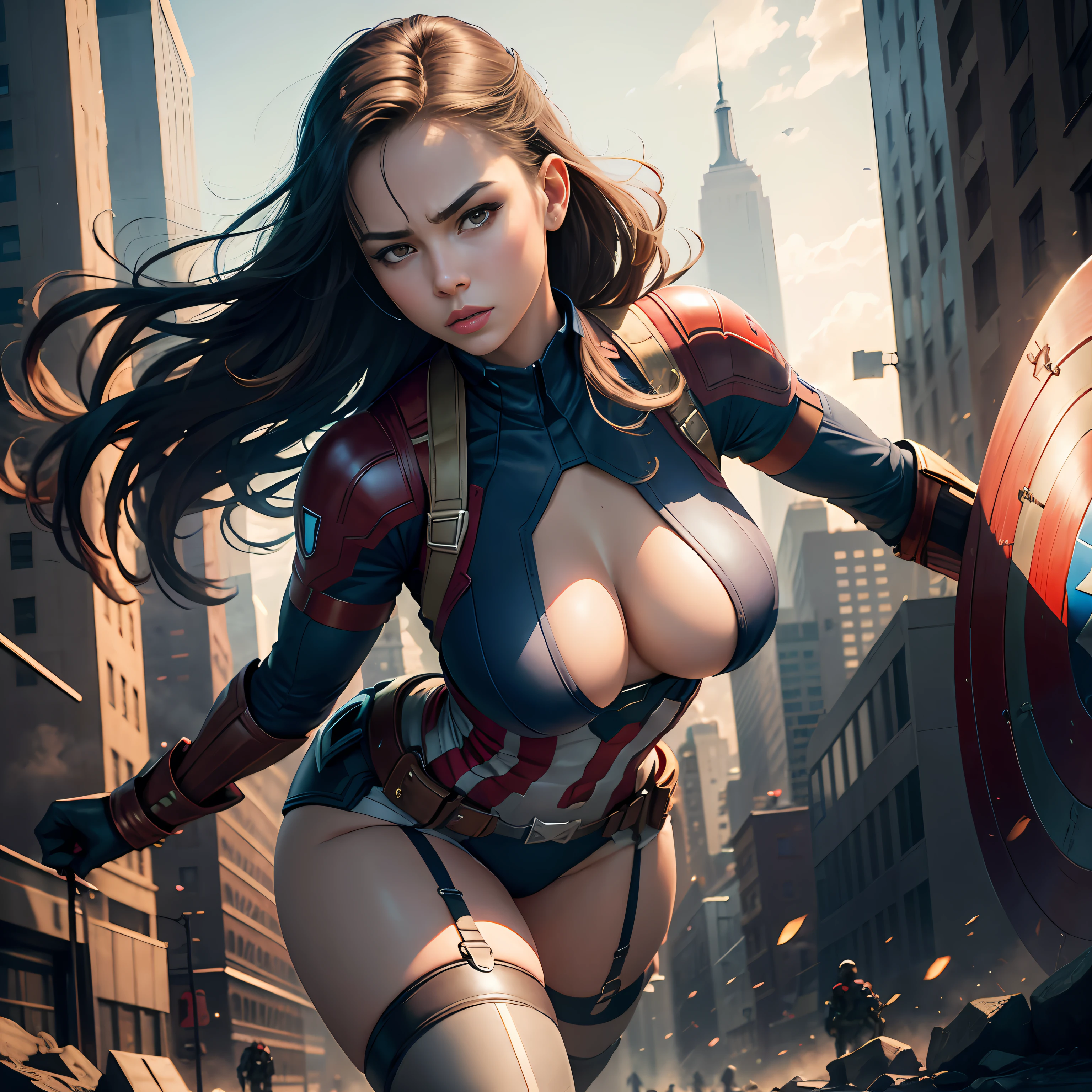 The female version of Captain America，Stand on a tall building in New York City，World War，The Avengers assemble，Determined and angry eyes, view the viewer, [:(Detailed face:1.2):0.2], A high resolution, Female Captain America，(Sex life:1.2), Chinese, Thonglia, (Masterpiece:1.4),(Best quality:1.4),  Curvy,  Small breasts, Lips, Sexy，seductiv，succubi，view the viewer,Thin waist and thick hips，long leges，Perfect leg curve，skin indentation, Solo, Good thighs, Thighs, Short fluffy hair, Realistic, (Shiny skin:1.2), nice hand, (((Masterpiece))), Best quality, illustration, 4k wallpaper, Hand detail，Shield in hand，Exercise posture ，Maintain a fighting stance，Defensive actions，Fighting action， （（A detailed description of the weapon）），