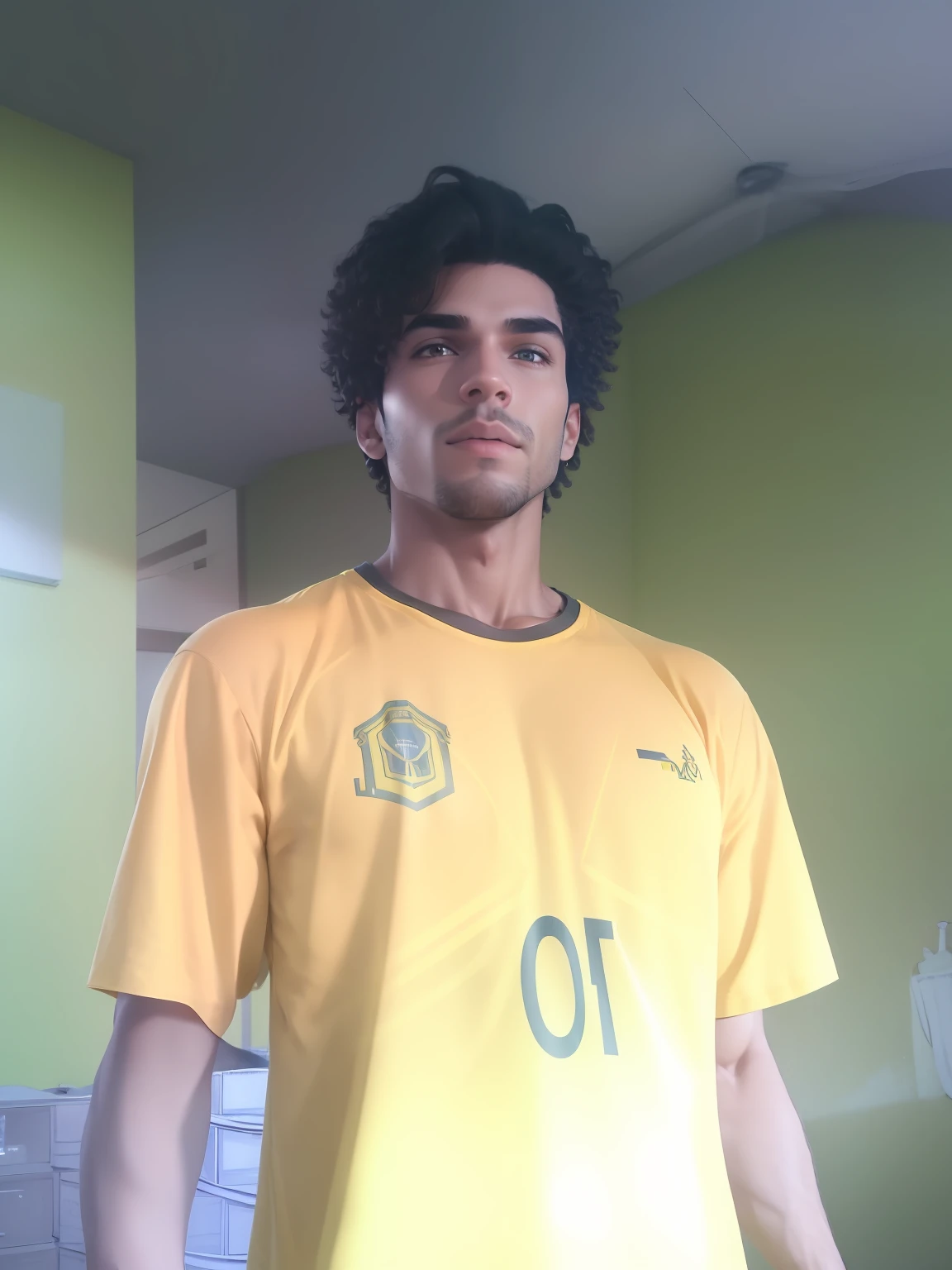 Man in yellow shirt standing in a room, Phenomenon , muscular physique, cabelo preto enrolado, e camisa amarela.