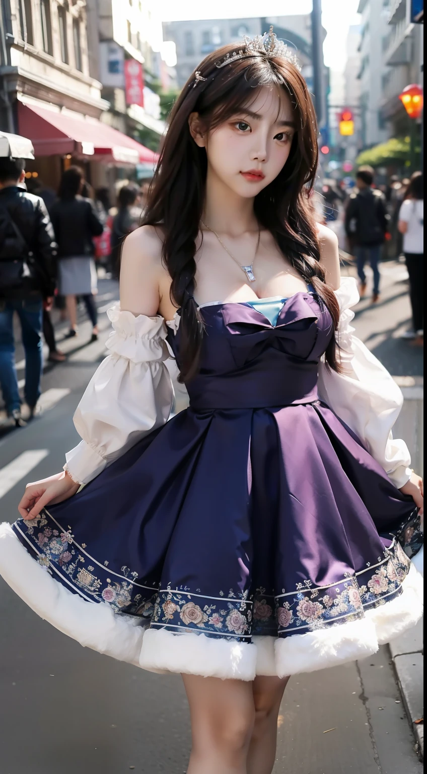 A Korean girl on the street, fluffy hair, Delicate face, Realistic, Real, Large aperture, Wearing a princess dress of random color, short princess dress, fuffy dress, with necklace, slim,爆乳、