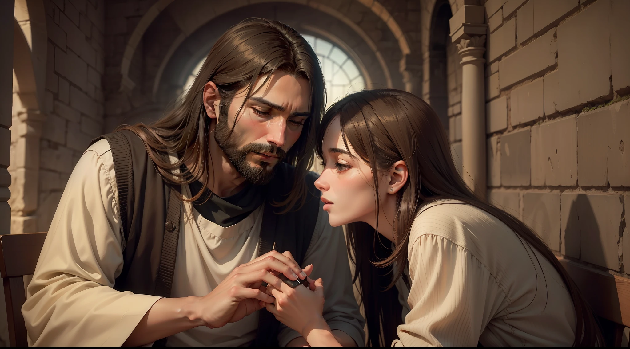 A scene of Jesus engaged in a heartfelt conversation with a person, demonstrating empathy and understanding.