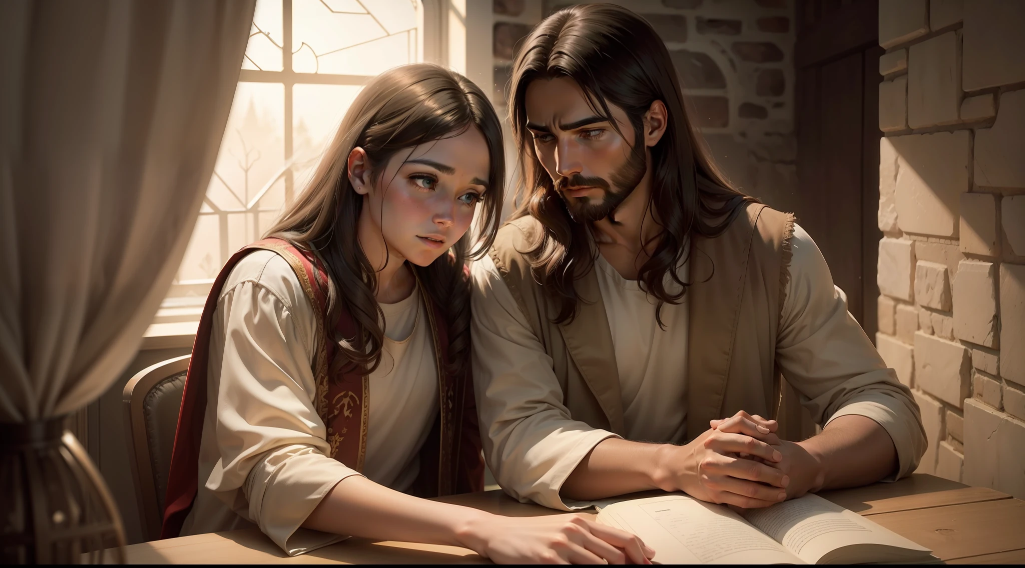 A scene of Jesus engaged in a heartfelt conversation with a person, demonstrating empathy and understanding.
