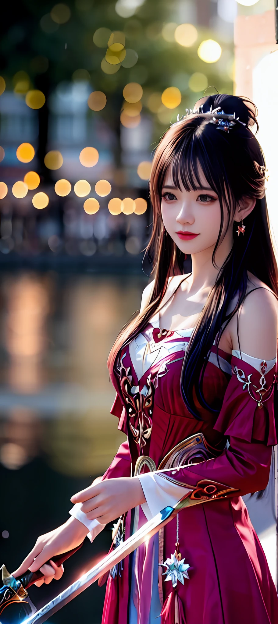 realisticity: 1.2), best quality, masterpiece, highres, super detail, ultra detail, cg, 1girl, weapon, sword, long hair, dress, water, solo, jewelry, red dress, earrings, hair ornament, splashing, upper body super realistis, hair bun, blue and pink hair, city backgraun realistis, lighting,candid, Photograph, high resolution, 8k, 10k, Bokeh,