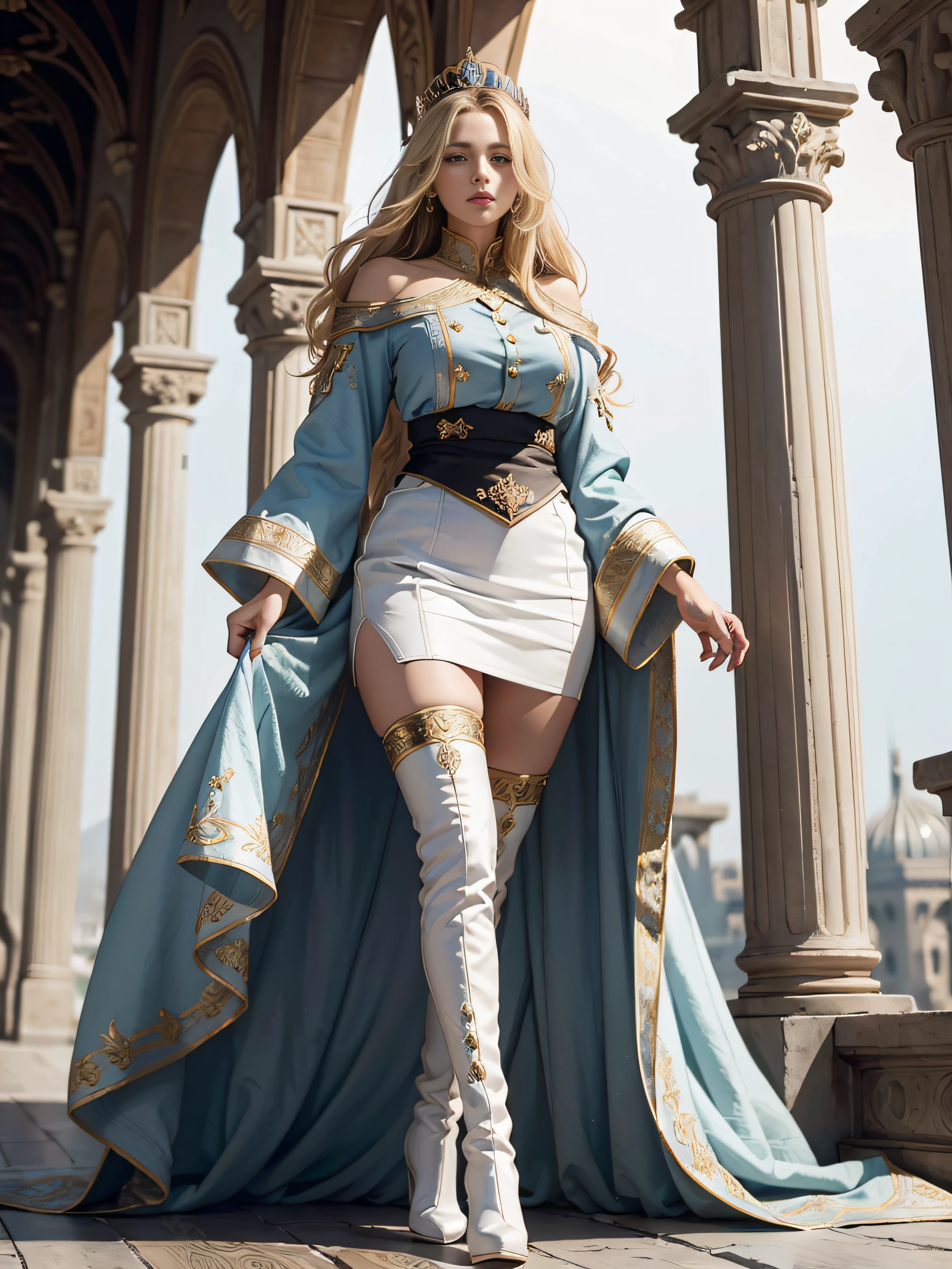 a mature female,Queen temperament,tmasterpiece,best qualityer,Hyper-detailing,Fine and detailed eyes and detailed face, garments:Wear simple aristocratic clothing,Long boots,Expose shoes,Exposes knee-length cotton socks, allure:Tall and tall,The blonde,Tall,haughty、Cold,Wide buttock(big assa:1.4),(Thick thighs:1.4),Scenes:Inside the palace of the nobility,immensity,Overlooking,disrupt,People scattered and fled
