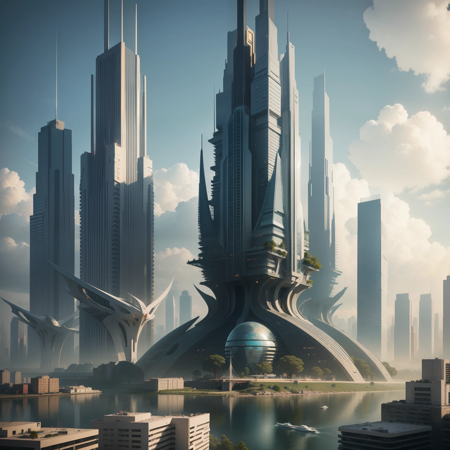 near future Megacities Huge structures top-quality masterpiece 超A high resolution SF Future World Beautiful world 8K Huge buildings tower over you