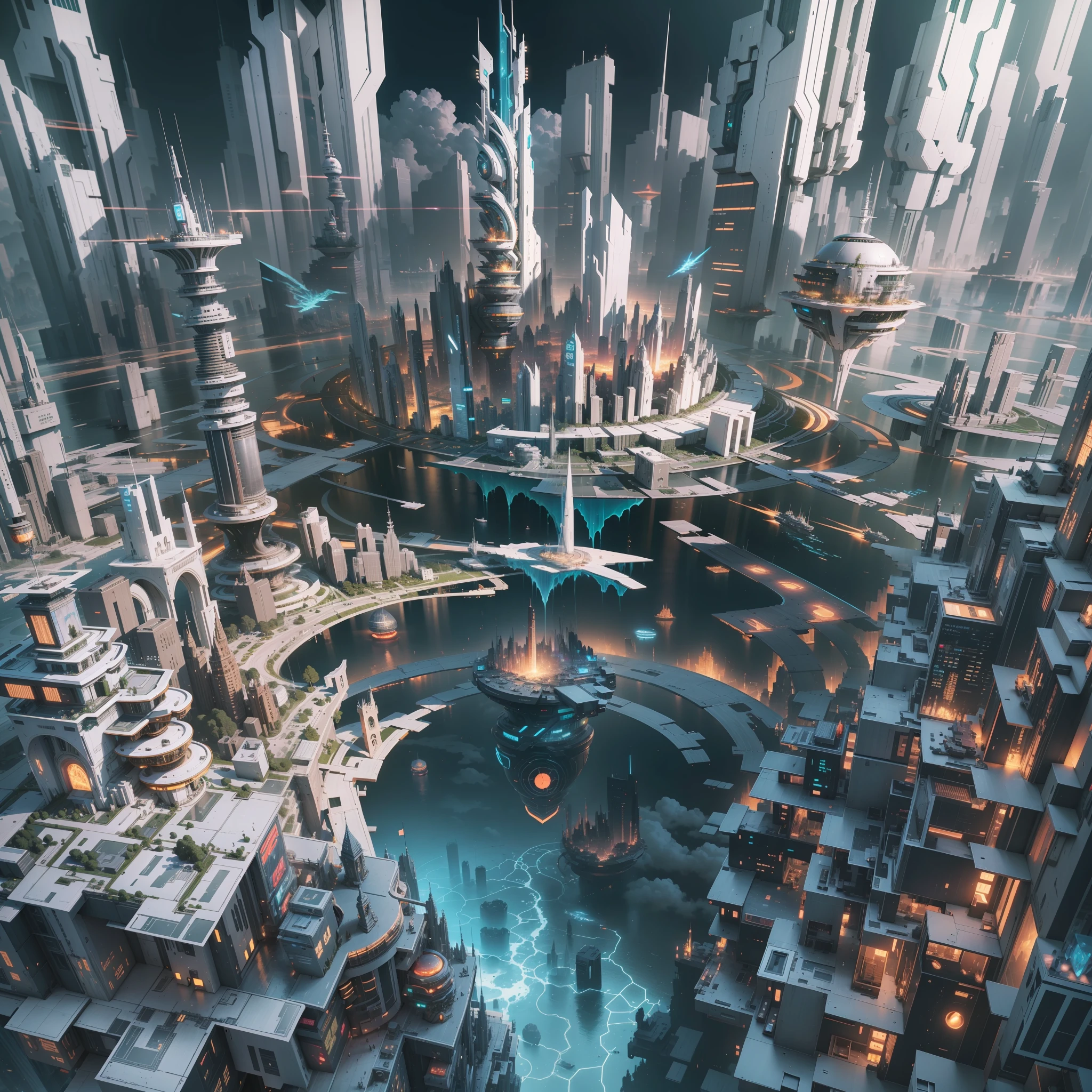 A city is built on a floating island,cyber punk perssonage,in a panoramic view,(high qulity,high detal,number art,Perfect artwork,3D,8K),white backgrounid