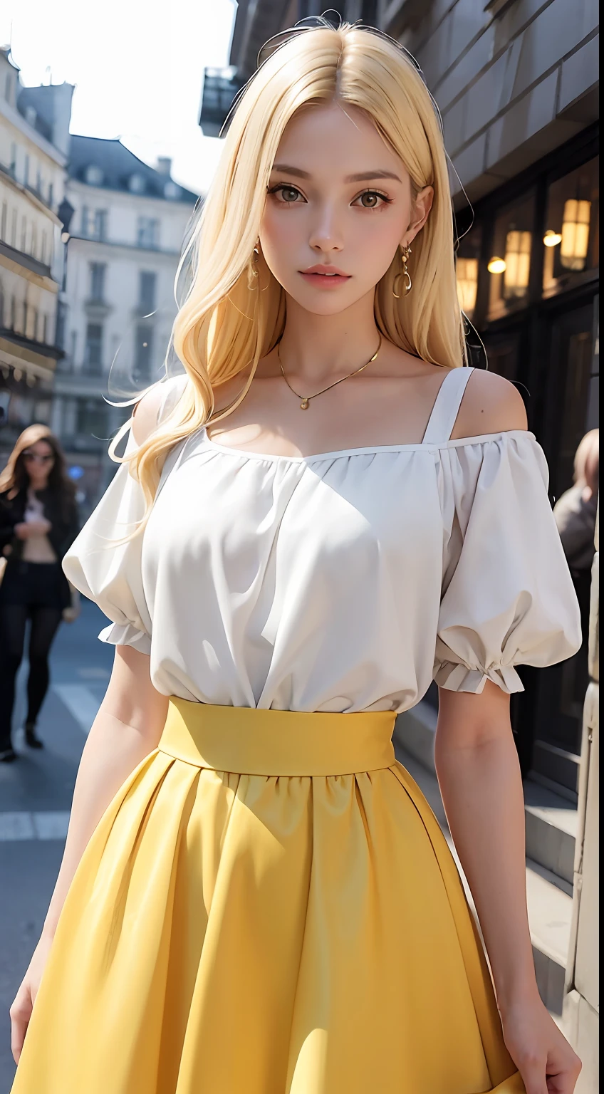 European and American women, A fashion model, Wearing a yellow puffy skirt, Glamour, paparazzi taking pictures of her, Blonde hair, Brown eyes, 8K, High quality, Masterpiece, Best quality, HD, Extremely detailed, voluminetric lighting, Photorealistic