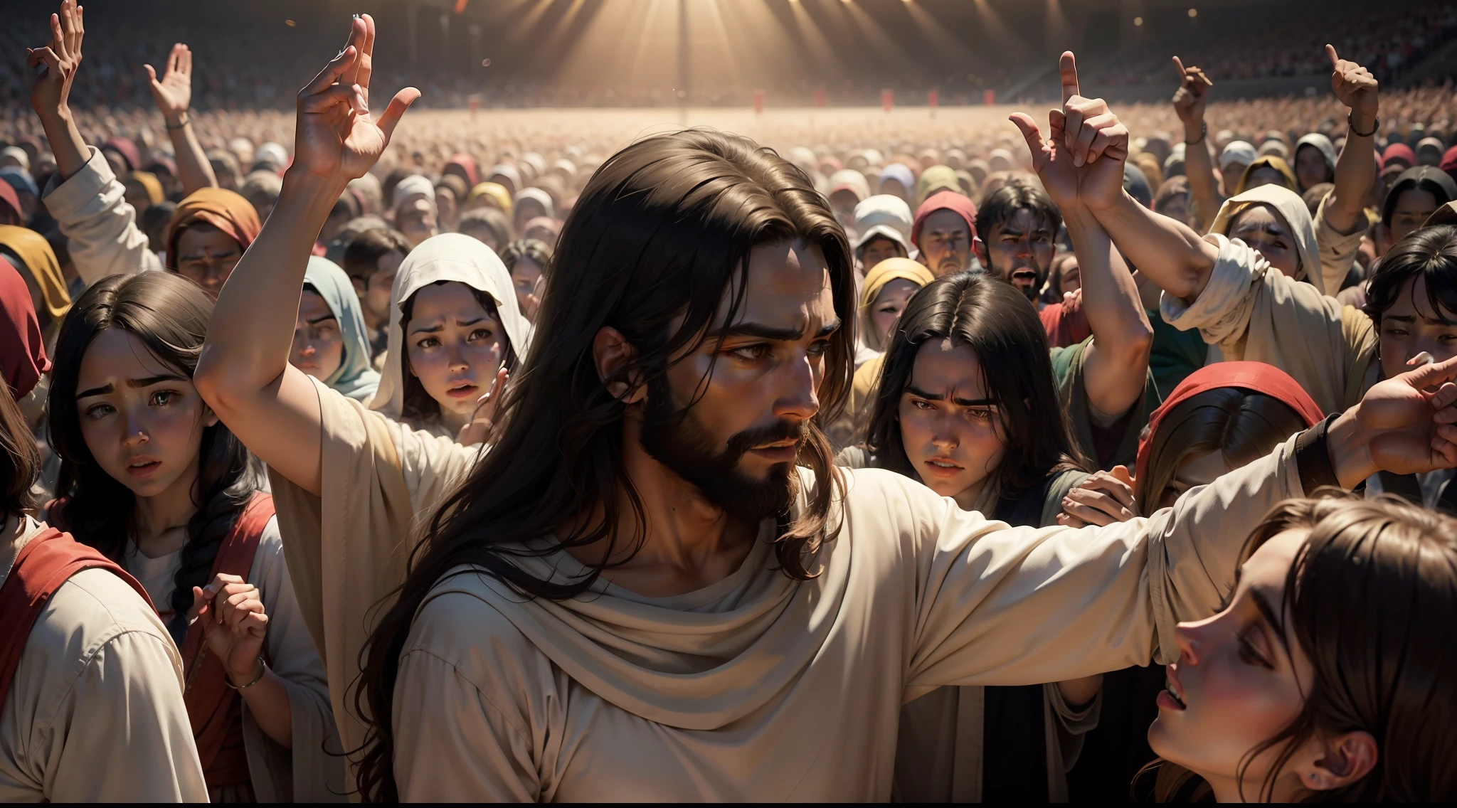 A final scene showing Jesus and the crowd, linked by a sense of compassion and shared humanity, underscoring the theme of the story.