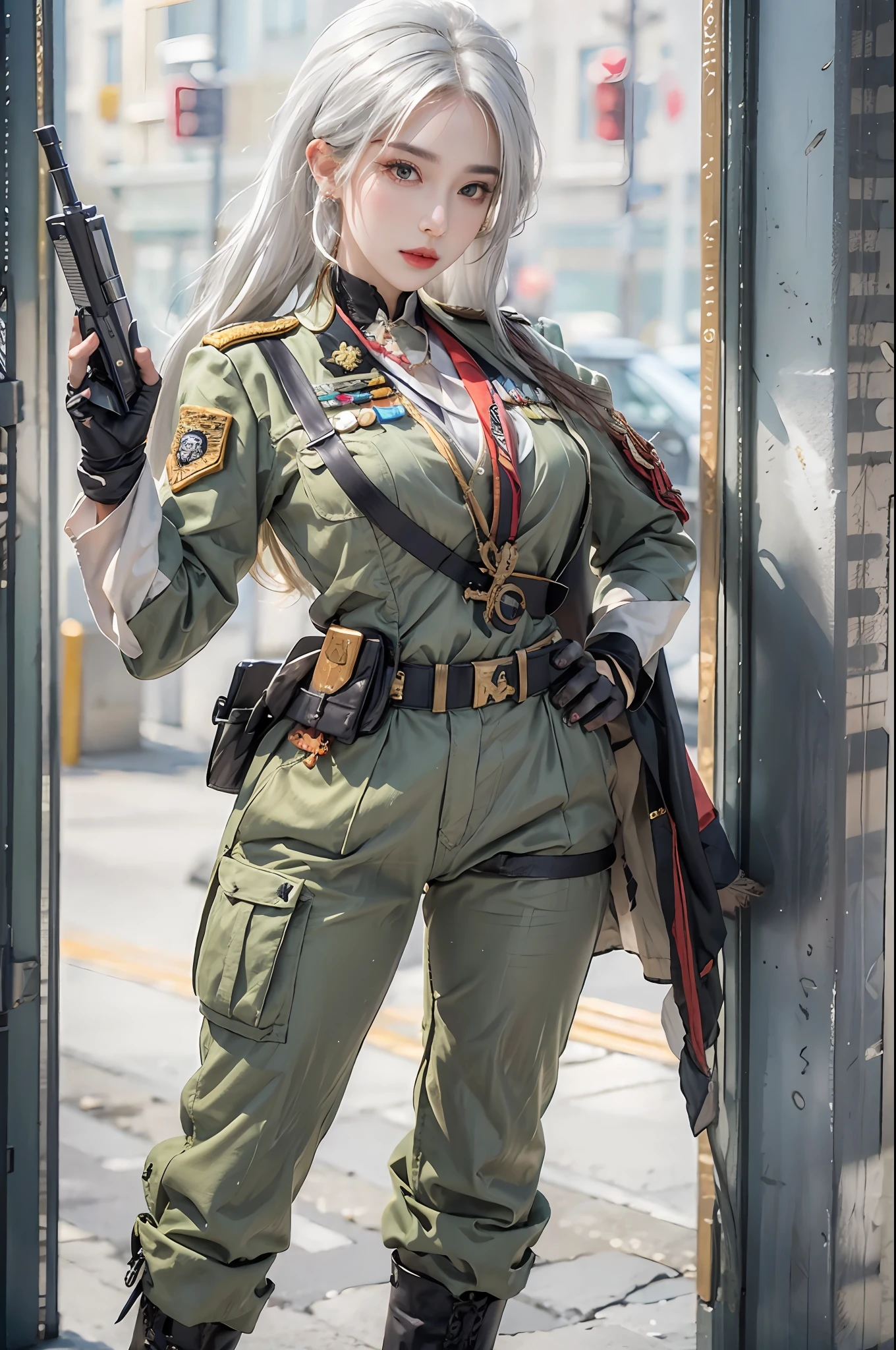 photorealistic, high resolution, 1women, solo, hips up, look at viewer, (detailed face), white hair, long hair, military uniform, jewelry