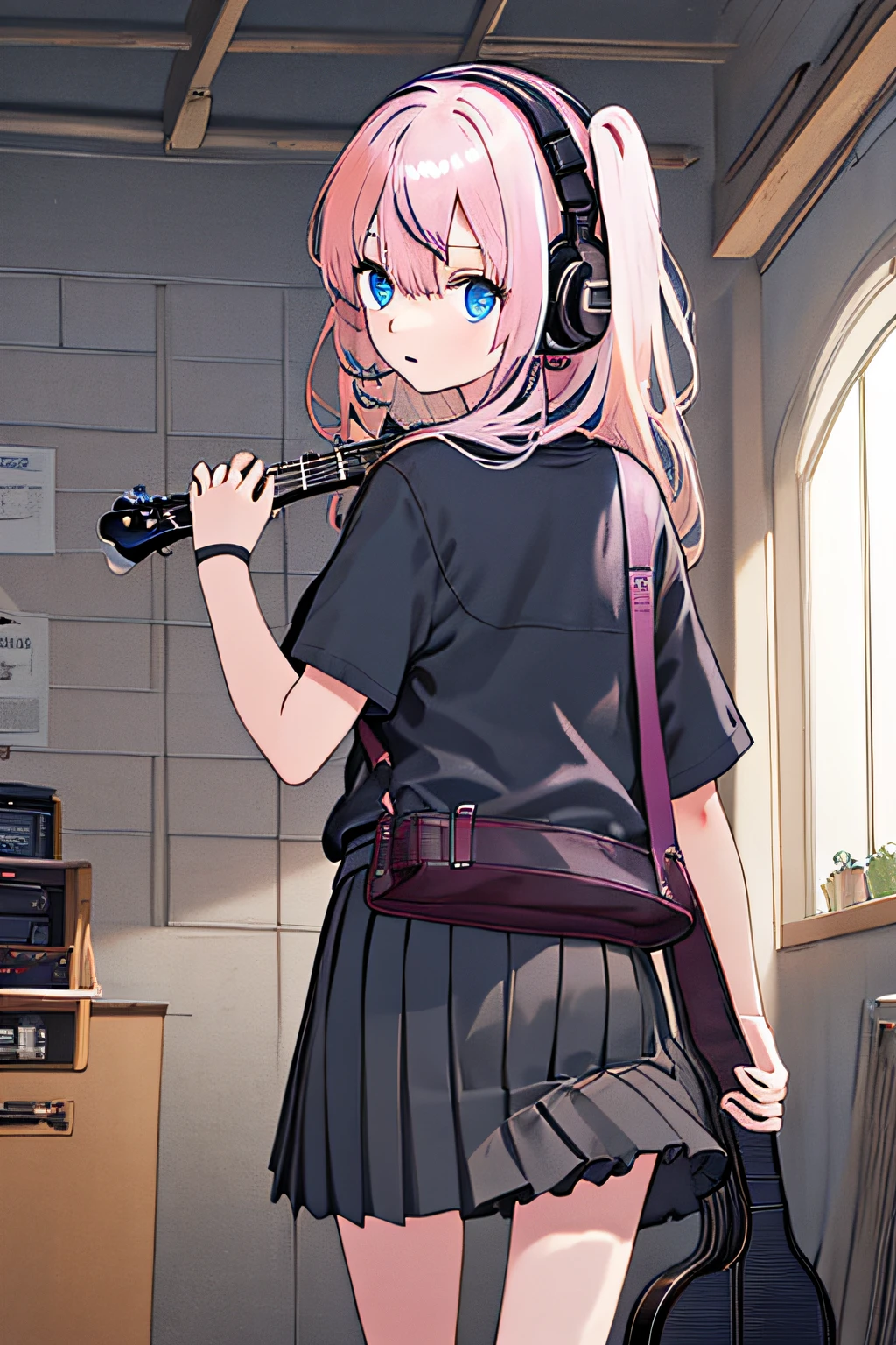 (Masterpiece, top quality) 1 girl, solo, black skirt, blue eyes, electric guitar, guitar, headphones, holding, plectrum, musical instrument, long hair, music, one side up, pink hair, guitar playing, pleated skirt, black shirt, indoor
