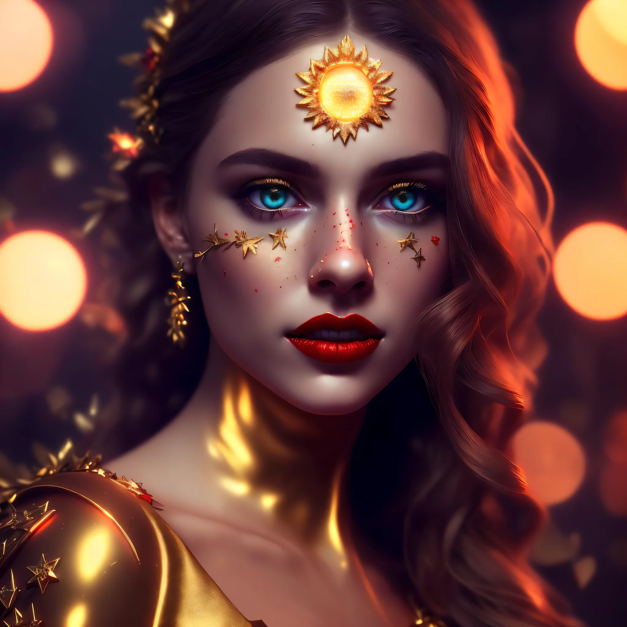 (highly detailed CG unity 8k wallpaper), (sharp focus), (cinematic), (dreamlikeart), (realims), (photorealistic), (portrait), beautiful girl, (glowing pupil), (glowing red lips), (open mouth),(golden ornaments) ,((glowing debris))