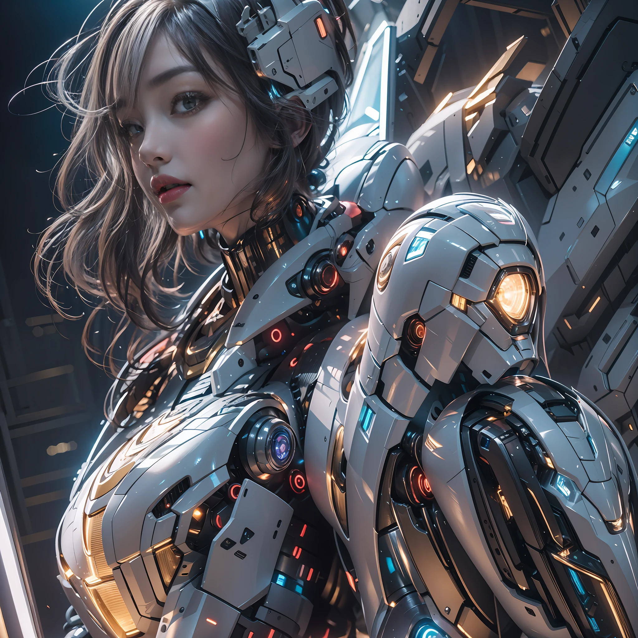 （（tmasterpiece，best qualtiy）），illustration，Ultra-detailed 8K，Clear focus，A highly detailed，Professional lighting，Colorful detailed，A girl and a mech，Beautuful Women，lottalewdsLargeMecha，cranny，with light glowing，with light glowing，Complicated details，（（1girl stands in front of the audience）），closeup cleavage，The upper part of the body