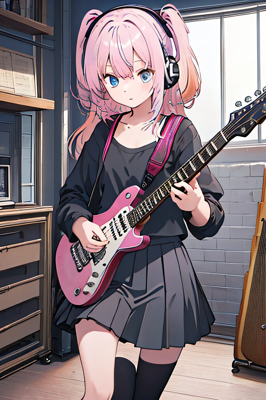 (Masterpiece, top quality) 1 girl, solo, black skirt, blue eyes, electric guitar, guitar, headphones, holding, plectrum, musical instrument, long hair, music, one side up, pink hair, guitar playing, pleated skirt, black shirt, indoor