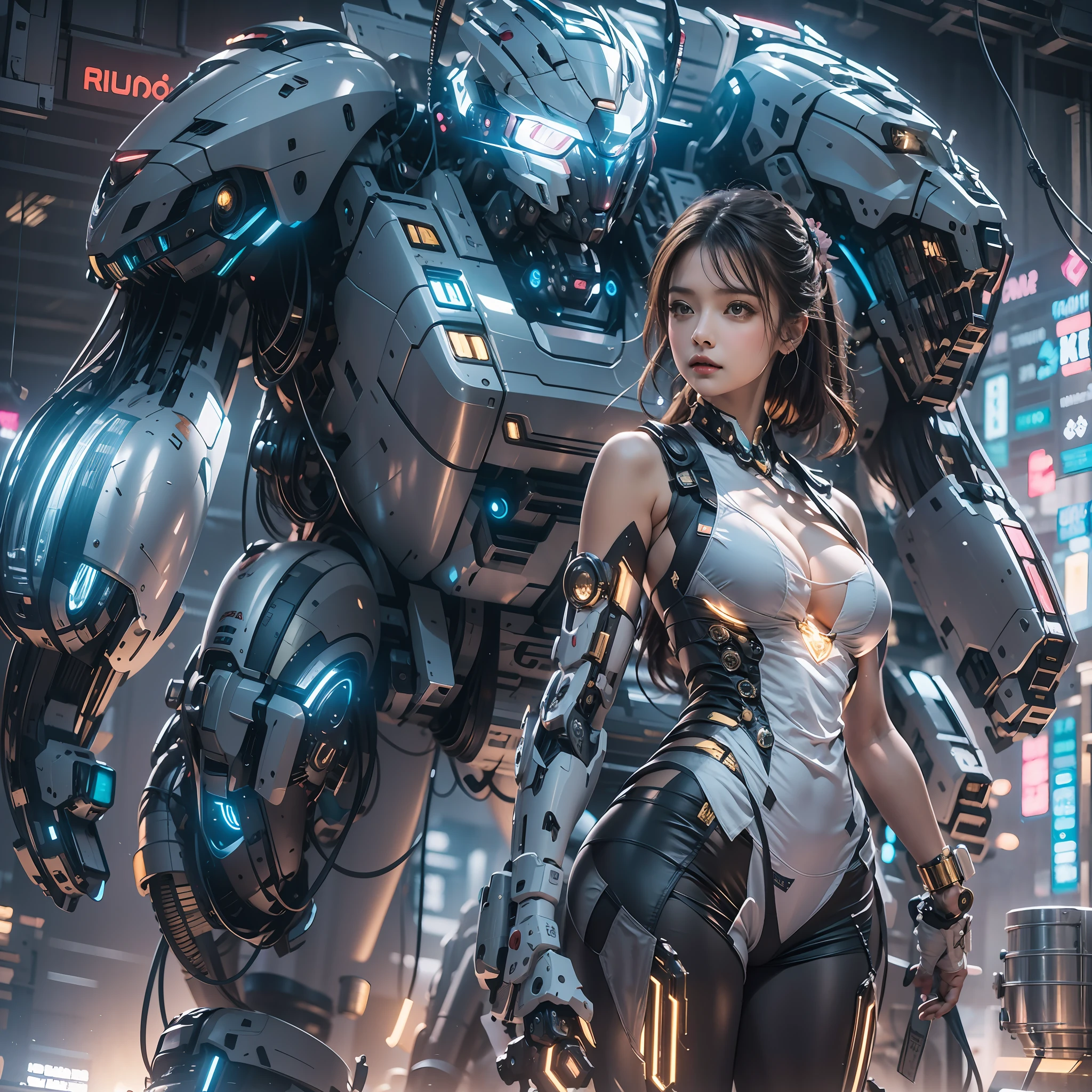 ((tmasterpiece,best qualtiy)),illustration,Ultra-detailed 8K,Clear focus,A highly detailed,Professional lighting,Colorful detailed,A girl and a mech,Beautuful Women,lottalewdsLargeMecha,cranny,with light glowing,with light glowing,Complicated details,((1girl stands in front of the audience)),closeup cleavage,The upper part of the body