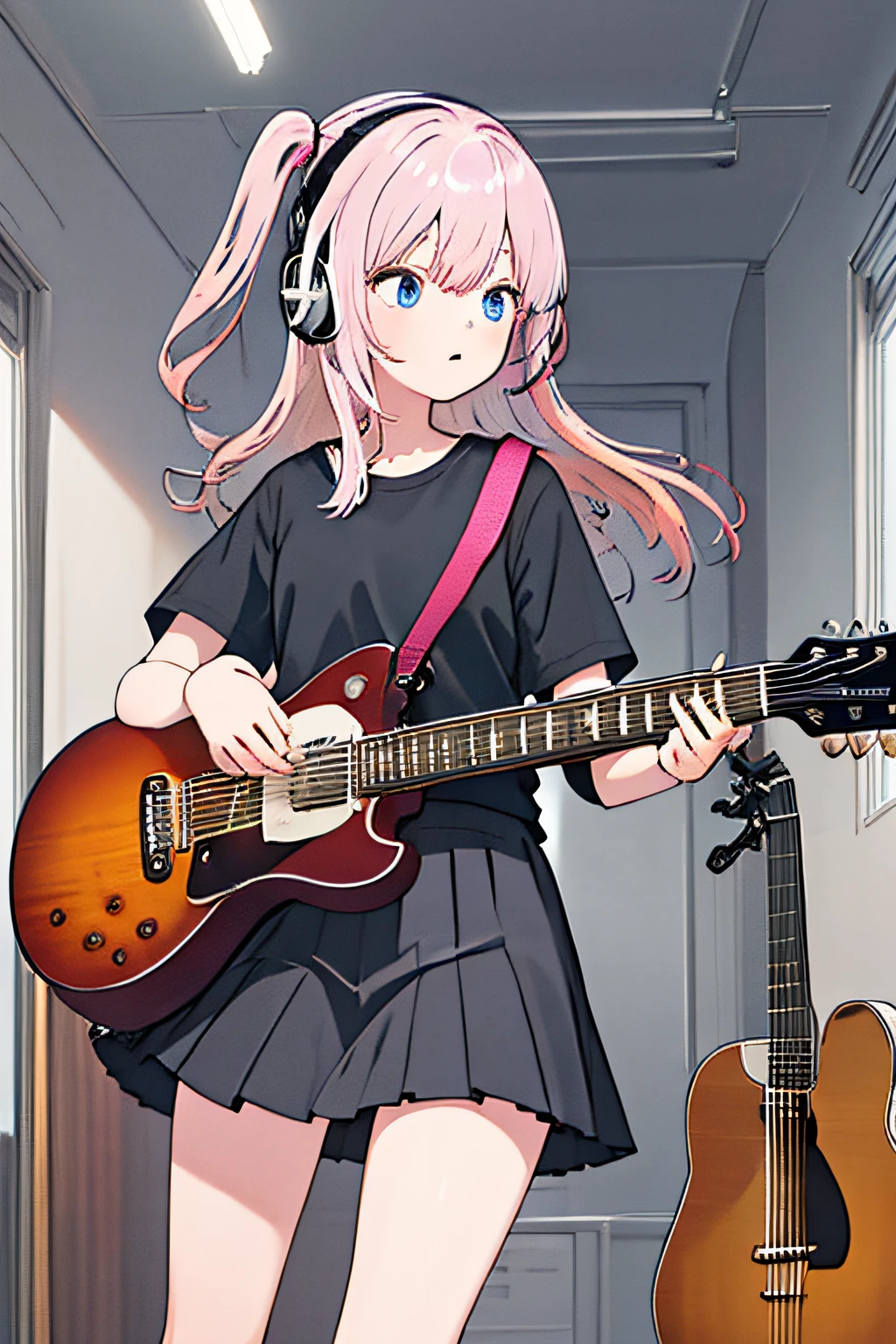 (Masterpiece, top quality) 1 girl, solo, black skirt, blue eyes, electric guitar, guitar, headphones, holding, plectrum, musical instrument, long hair, music, one side up, pink hair, guitar playing, pleated skirt, black shirt, indoor