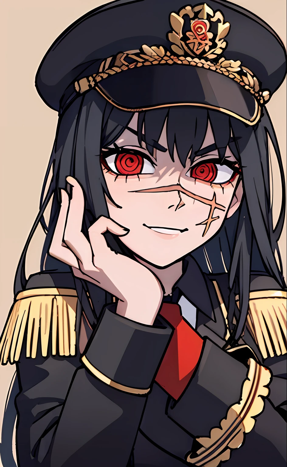 (masterpiece, best quality: 1.2), Solo, 1girl, Yoru \(Chainsaw Man\), looking at the viewer, different poses, red eye, long hair, completely black hair, reference to clothing of a German WWII general, black long sleeves (best quality), scar on face, beautiful eyes, has only 2 arms, has war medals on his clothes, Black Military Cap, Golden Eagle Medal on Clothing, (Wallpaper), (8K HD), (8K HD), Golden Shoulder Pads, Sprites, 1 Single Design (masterpiece, best quality: 1.2), Solo, 1girl, Yoru \(Chainsaw Man\), looking at the viewer, smile, happy, different poses, red eye, long hair, completely black hair, reference to clothing of a German WWII general, black long sleeves (best quality), scar on face, beautiful eyes, has only 2 arms, has war medals on his clothes, black military cap, golden eagle medal on clothing, (wallpaper), (8K HD), (8K HD), (8K HD), golden shoulder pads, sprites, 1 single design