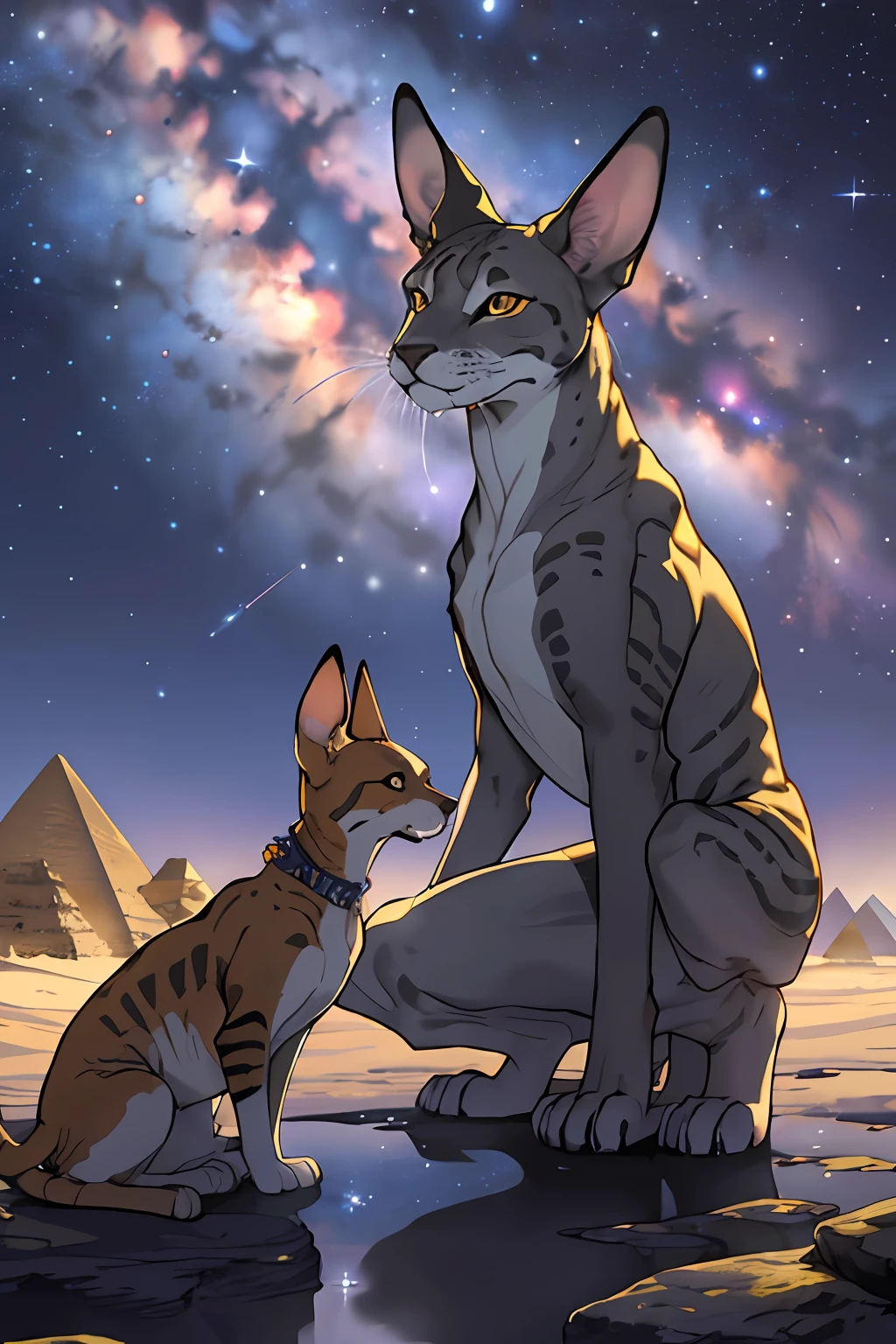 melhor qualidade, (obra-prima: 1.2), OldEgyptAI, cornish rex, criaturas de fantasia,(Pintura digital), (melhor qualidade), Egyptian pyramids, alta qualidade, Stunning night sky, Estrelas cintilantes, lua cheia suave, Mysterious Milky Way, Vento suave, serene silence, Connection with the infinite universe