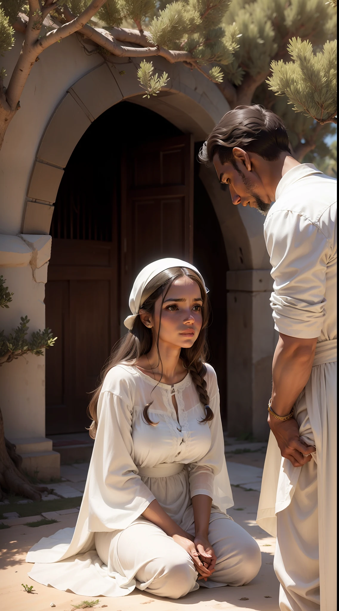 amid olive trees A kneeling Brazilian woman wearing an old cotton dress talks to a man wearing a white cotton tunic, and he with a brave expression.