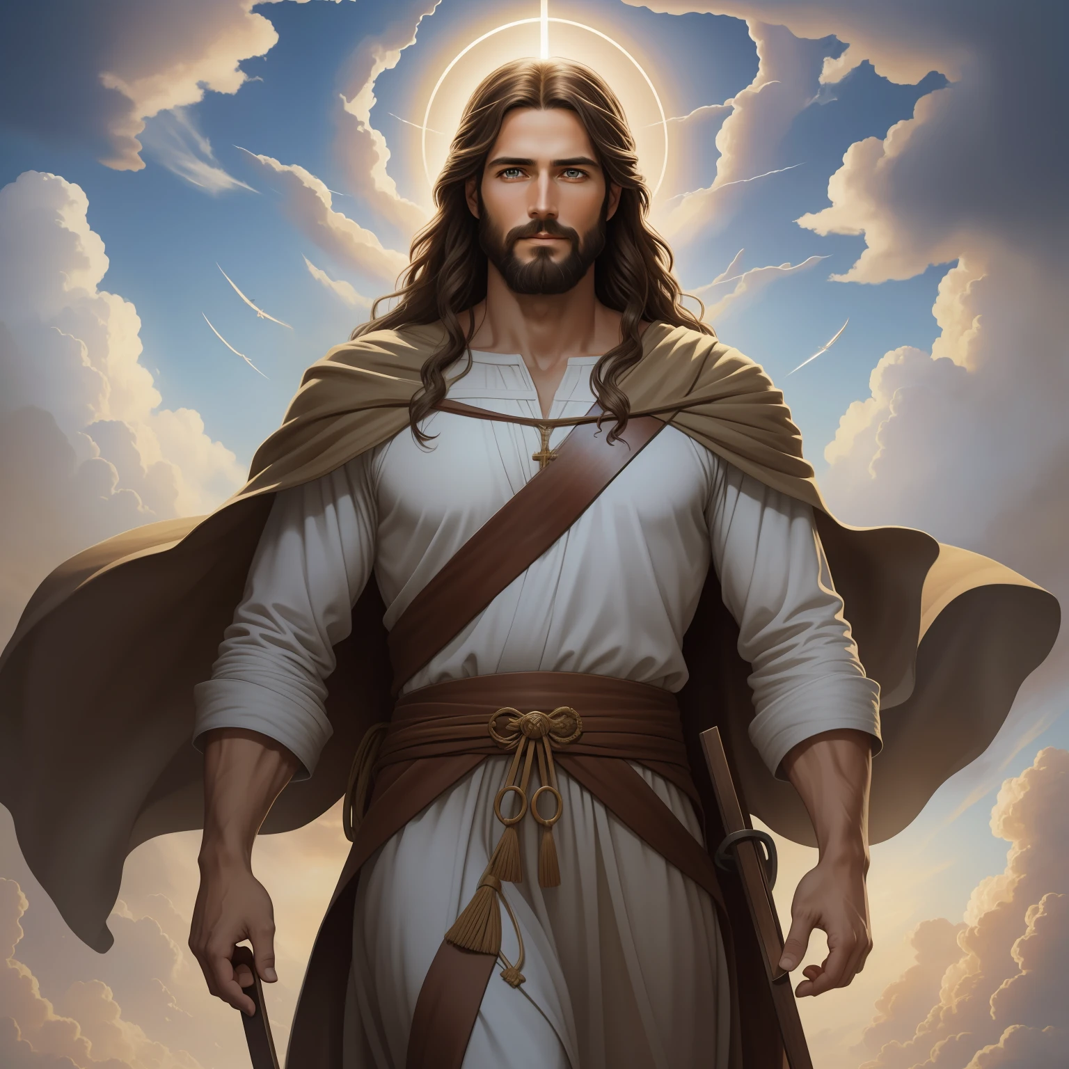 A handsome god Jesus christ ( jesus) blessing to the sky  35 years old with a long brown hair and long beard, healing woman, heaven blessings light with a cross background)  happy face, realistic 8k,A beautiful ultra-thin realistic portrait of Jesus, the prophet, a man 35 years old Hebrew brunette, short brown hair, real perfect eyes, long brown beard, with, Helping People , wearing long linen tunic closed on the chest part, in front view, full body, biblical, realistic,by Diego Velázquez,Peter Paul Rubens,Rembrandt,Alex Ross,8k, Concept Art, PhotoRealistic, Realistic,  Illustration, Oil Painting, Surrealism, HyperRealistic, helping people , Digital art, style, watercolorReal Jesus flying on sky with a flying cloud in the background, Jesus walking on water, biblical illustration, epic biblical representation, forcing him to flee, coming out of the ocean, ! holding in hand!, disembarking, god of the ocean, beautiful representation, 8k 3D Model, realistic,
a 3D Realistic of jesus with a halo in the sky, jesus christ, smiling in heaven, portrait of jesus christ, jesus face, 35 young almighty god, portrait of a heavenly god, greg olsen, gigachad jesus, jesus of nazareth, jesus, the face of god, god looking at me, he is greeting you warmly, he is happy, avatar image