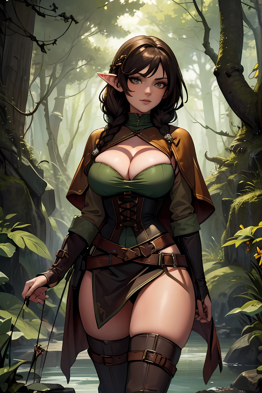 (masterpiece, top quality, best quality, official art, beautiful and aesthetic:1.2), (1girl:1.3), dark brown hair in a single braid, extremely detailed, portrait, looking at viewer, solo, (full body:0.6), detailed background, close up, cat eyes, (warm summer forest theme:1.1), elf ranger, charlatan, smirk, mysterious, walking in forest, revealing ranger attire, brown leather, cowl, cloak, corset, long boots, buckles, straps, pouches, bow and arrow, green fabric, brown leather, gigantic breasts, slim waist, slim hips, long legs, medieval (forest exterior:1.1) background, dark mysterious lighting, shadows, magical atmosphere, dutch angle, (((balsamique)))