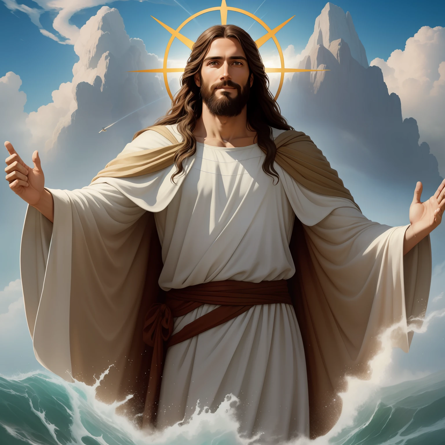 A handsome god Jesus christ ( jesus) blessing to the sky 35 years old with a long brown hair and long beard, healing woman, heaven blessings light with a cross background) happy face, realistic 8k,A beautiful ultra-thin realistic portrait of Jesus, the prophet, a man 35 years old Hebrew brunette, short brown hair, real perfect eyes, long brown beard, with, Helping People , wearing long linen tunic closed on the chest part, in front view, full body, biblical, realistic,by Diego Velázquez,Peter Paul Rubens,Rembrandt,Alex Ross,8k, Concept Art, PhotoRealistic, Realistic, Illustration, Oil Painting, Surrealism, HyperRealistic, helping people , Digital art, style, watercolorReal Jesus flying on sky with a flying cloud in the background, Jesus walking on water, biblical illustration, epic biblical representation, forcing him to flee, coming out of the ocean, ! holding in hand!, disembarking, god of the ocean, beautiful representation, 8k 3D Model, realistic,
a 3D Realistic of jesus with a halo in the sky, jesus christ, smiling in heaven, portrait of jesus christ, jesus face, 35 young almighty god, portrait of a heavenly god, greg olsen, gigachad jesus, jesus of nazareth, jesus, the face of god, god looking at me, he is greeting you warmly, he is happy, avatar image