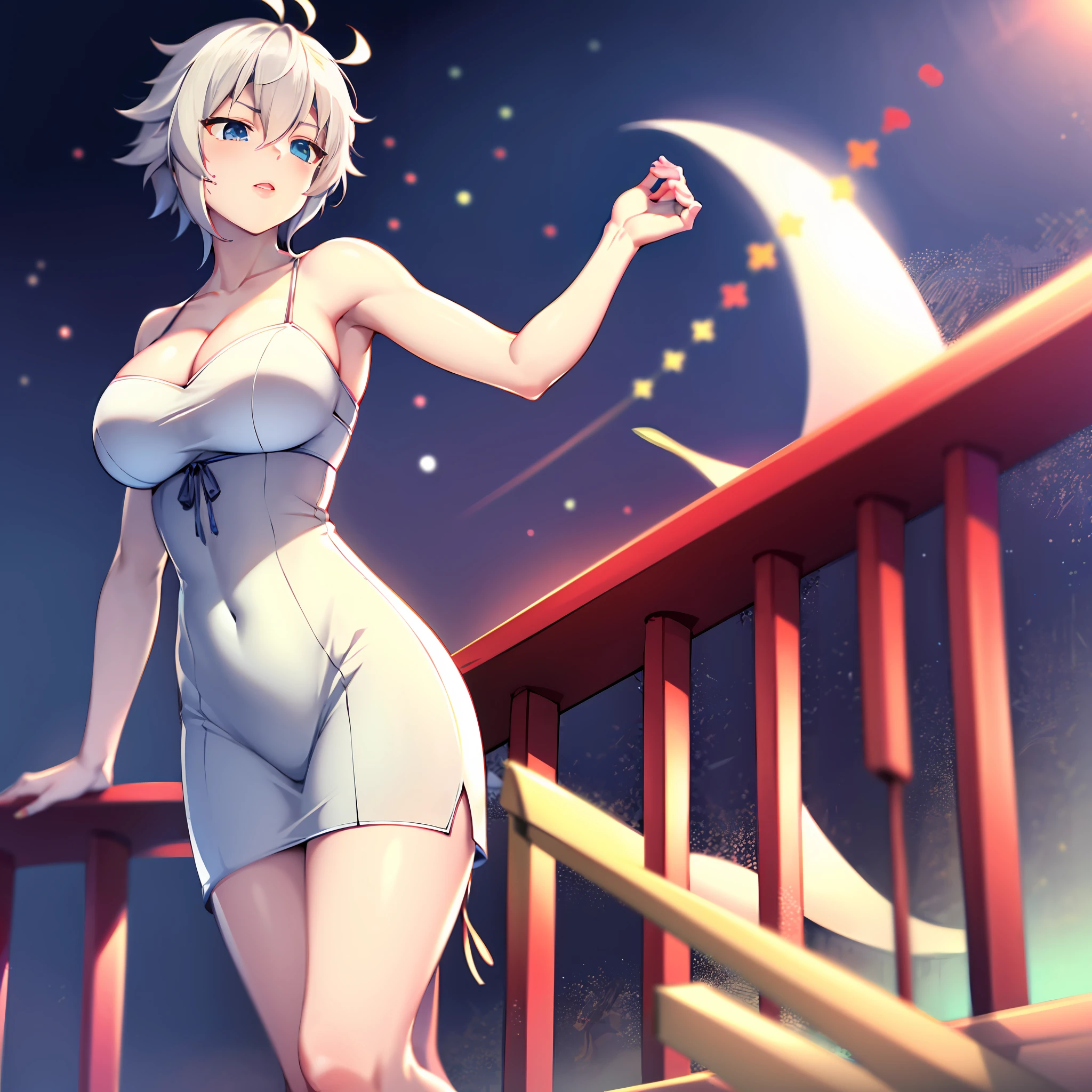 Cartoon 4k,Animated protagonist,one-girl,Lori huge breasts cleavage,White hair,white skinned,Single horsetail,Green hairpins,greene eyes,White dress,Barefoot