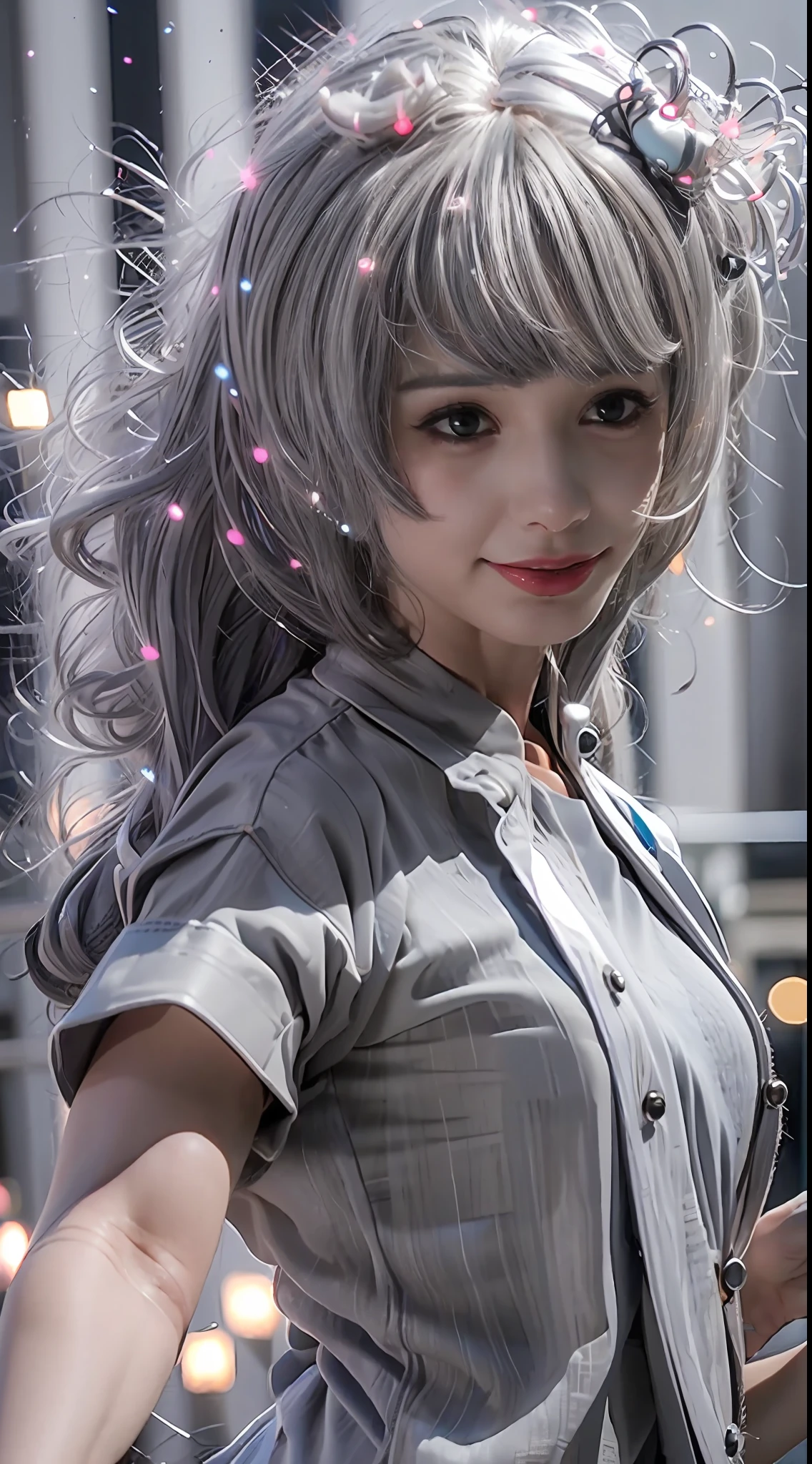Best Quality, Realistic, 8K, High Resolution, 1 Girl, Woman, (Skin Dents), (Room), (Professional Lighting, Bokeh), (Street), (People, Crowd:0.6), Market, (Night:1.2),(Gray Hair:2.0), (Shirt:1.5), (Portable:0.6), Gorgeous, Blooming, (Floating Hair), (Light Particles, Lens Glow, Glow Particles: 0.6), (Dynamic Pose: 1.2), Soft Light,