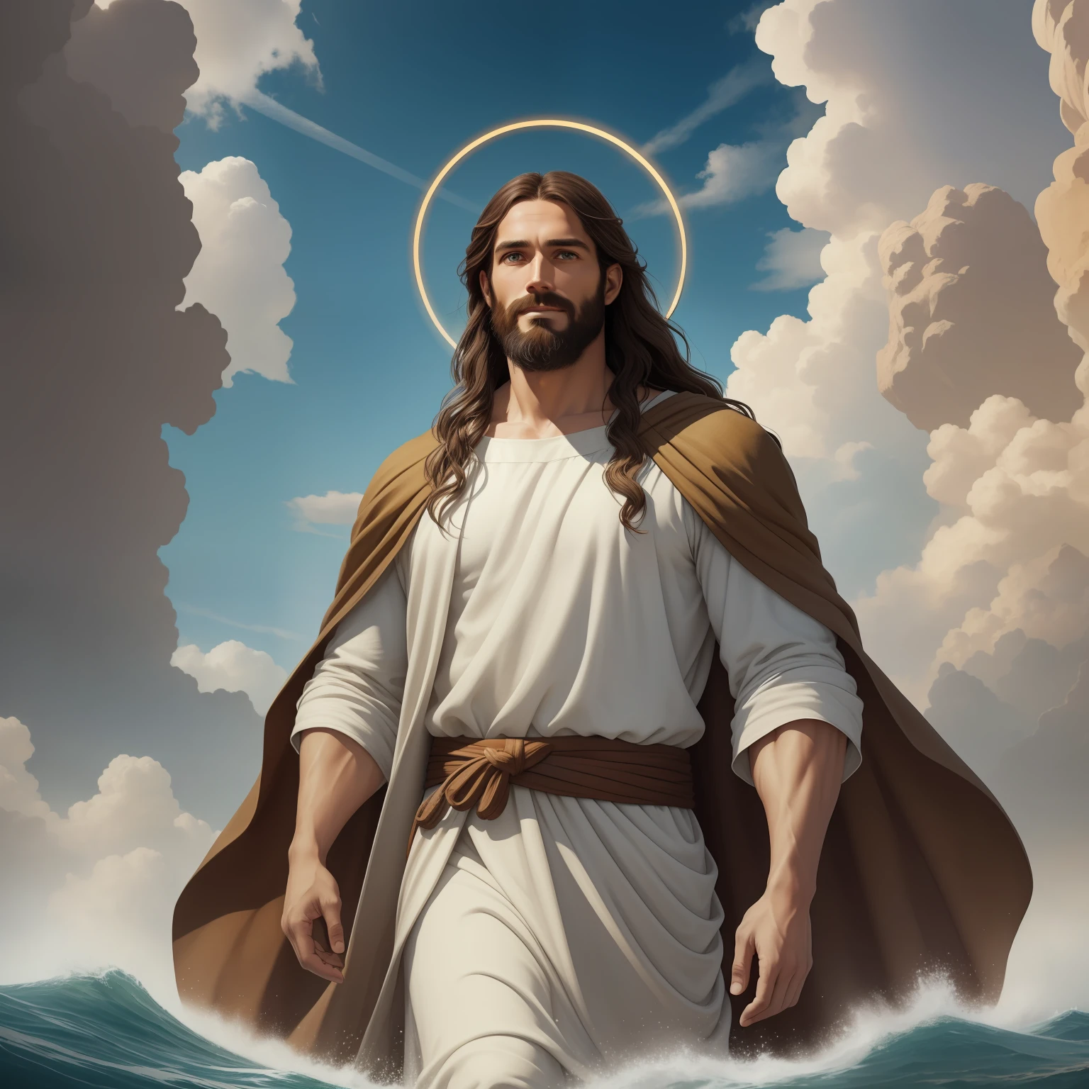 A handsome god Jesus christ ( jesus) blessing to the sky 35 years old with a long brown hair and long beard, heaven blessings light with a cross background) happy face, realistic 8k,A beautiful ultra-thin realistic portrait of Jesus, the prophet, a man 35 years old Hebrew brunette, short brown hair, real perfect eyes, long brown beard, with, Helping People , wearing long linen tunic closed on the chest part, in front view, full body, biblical, realistic,by Diego Velázquez,Peter Paul Rubens,Rembrandt,Alex Ross,8k, Concept Art, PhotoRealistic, Realistic, Illustration, Oil Painting, Surrealism, HyperRealistic, helping people , Digital art, style, watercolorReal Jesus flying on sky with a flying cloud in the background, Jesus walking on water, biblical illustration, epic biblical representation, forcing him to flee, coming out of the ocean, ! holding in hand!, disembarking, god of the ocean, beautiful representation, 8k 3D Model, realistic,
a 3D Realistic of jesus with a halo in the sky, jesus christ, smiling in heaven, portrait of jesus christ, jesus face, 35 young almighty god, portrait of a heavenly god, greg olsen, gigachad jesus, jesus of nazareth, jesus, the face of god, god looking at me, he is greeting you warmly, he is happy, avatar image