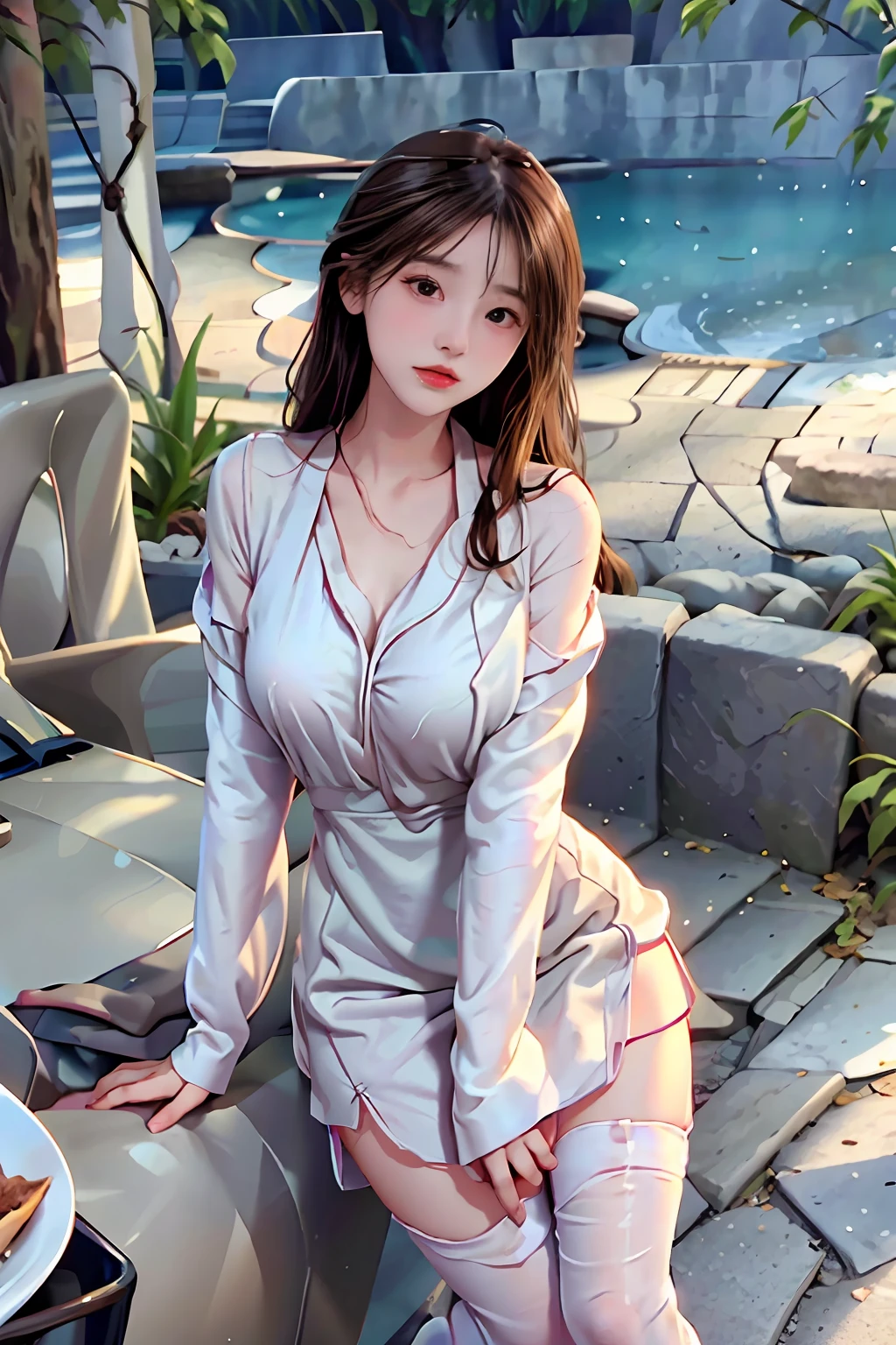 1 Girl, black stockings, white shirt, delicate, feminine, elegance, sensuality, youthfulness, beauty, sophistication, aesthetic, classic, simplicity, purity, contrast, allure, charm, gracefulness, refinement, poise, innocence, romanticism, subtlety, subtleness, details, texture, composition, realism, naturalness, light, shadow, harmony, aesthetics.