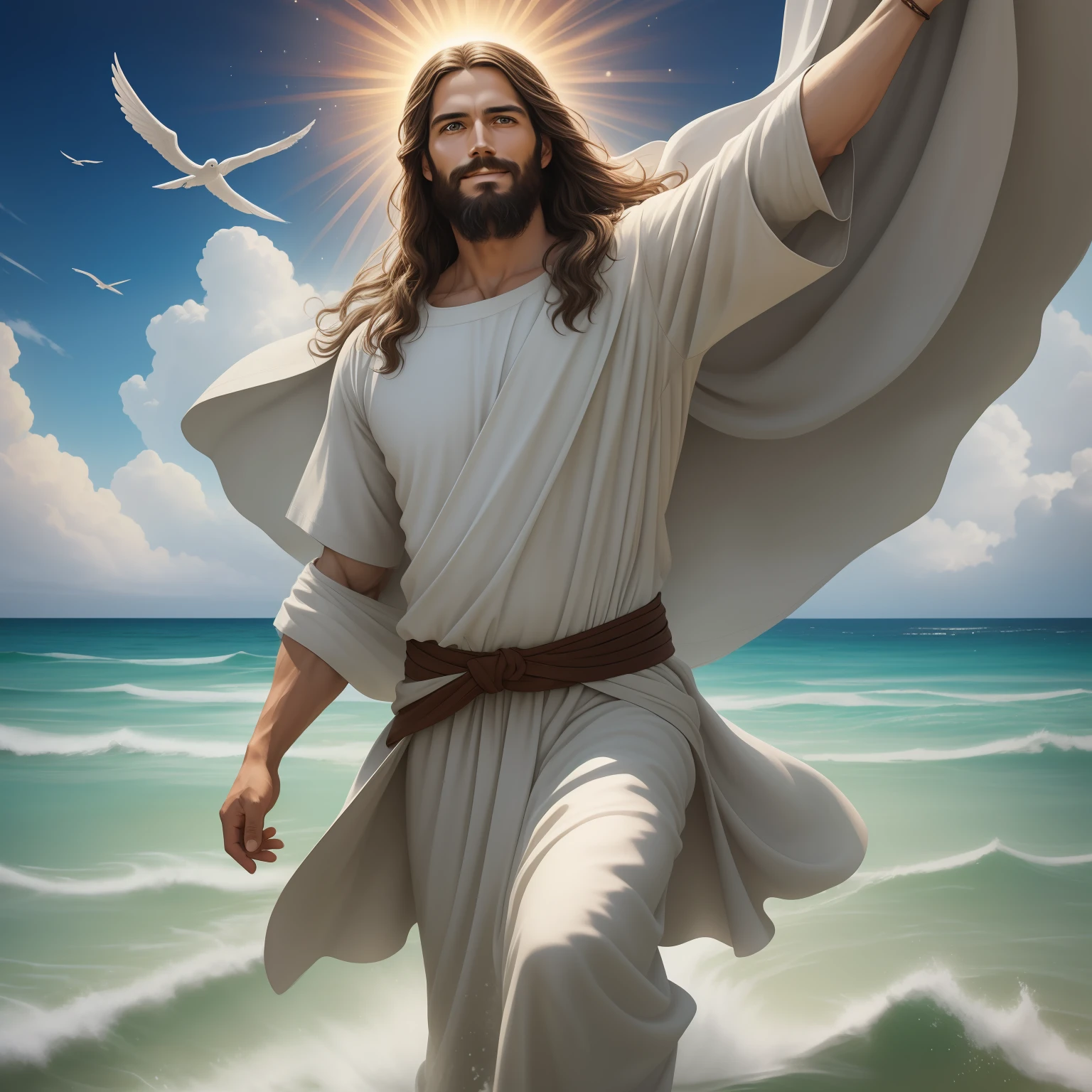 A handsome god Jesus christ ( jesus) blessing to the sky  35 years old with a long brown hair and long beard, heaven blessings light with a cross background)  happy face, realistic 8k,A beautiful ultra-thin realistic portrait of Jesus, the prophet, a man 35 years old Hebrew brunette, short brown hair, real perfect eyes, long brown beard, with, Helping People , wearing long linen tunic closed on the chest part, in front view, full body, biblical, realistic,by Diego Velázquez,Peter Paul Rubens,Rembrandt,Alex Ross,8k, Concept Art, PhotoRealistic, Realistic,  Illustration, Oil Painting, Surrealism, HyperRealistic, helping people , Digital art, style, watercolorReal Jesus flying on sky with a flying cloud in the background, Jesus walking on water, biblical illustration, epic biblical representation, forcing him to flee, coming out of the ocean, ! holding in hand!, disembarking, god of the ocean, beautiful representation, 8k 3D Model, realistic,
a 3D Realistic of jesus with a halo in the sky, jesus christ, smiling in heaven, portrait of jesus christ, jesus face, 35 young almighty god, portrait of a heavenly god, greg olsen, gigachad jesus, jesus of nazareth, jesus, the face of god, god looking at me, he is greeting you warmly, he is happy, avatar image