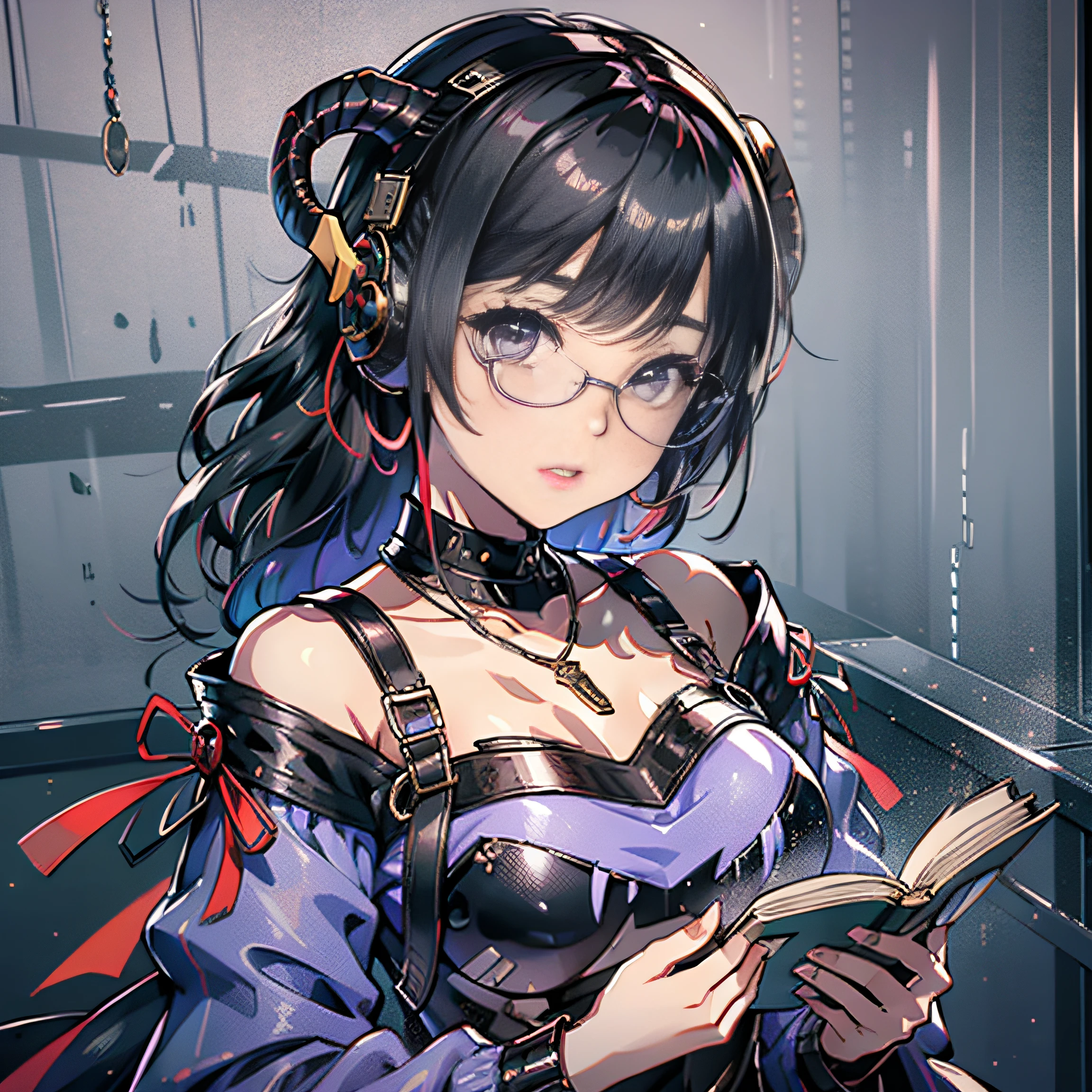 Close up portrait of woman in purple costume reading a book,Date glasses、It has horns like sheep、Wearing a necklace、Wearing headphones in your ears、hard rock、Wearing a camisole、Wearing a skirt with a black belt、Little devil composition、short-cut、With sleeves、Shoulder out、Wearing boots that show the navel、Paleo wearing、singers、Double teeth are visible、Long skirt、Portrait up to the chest