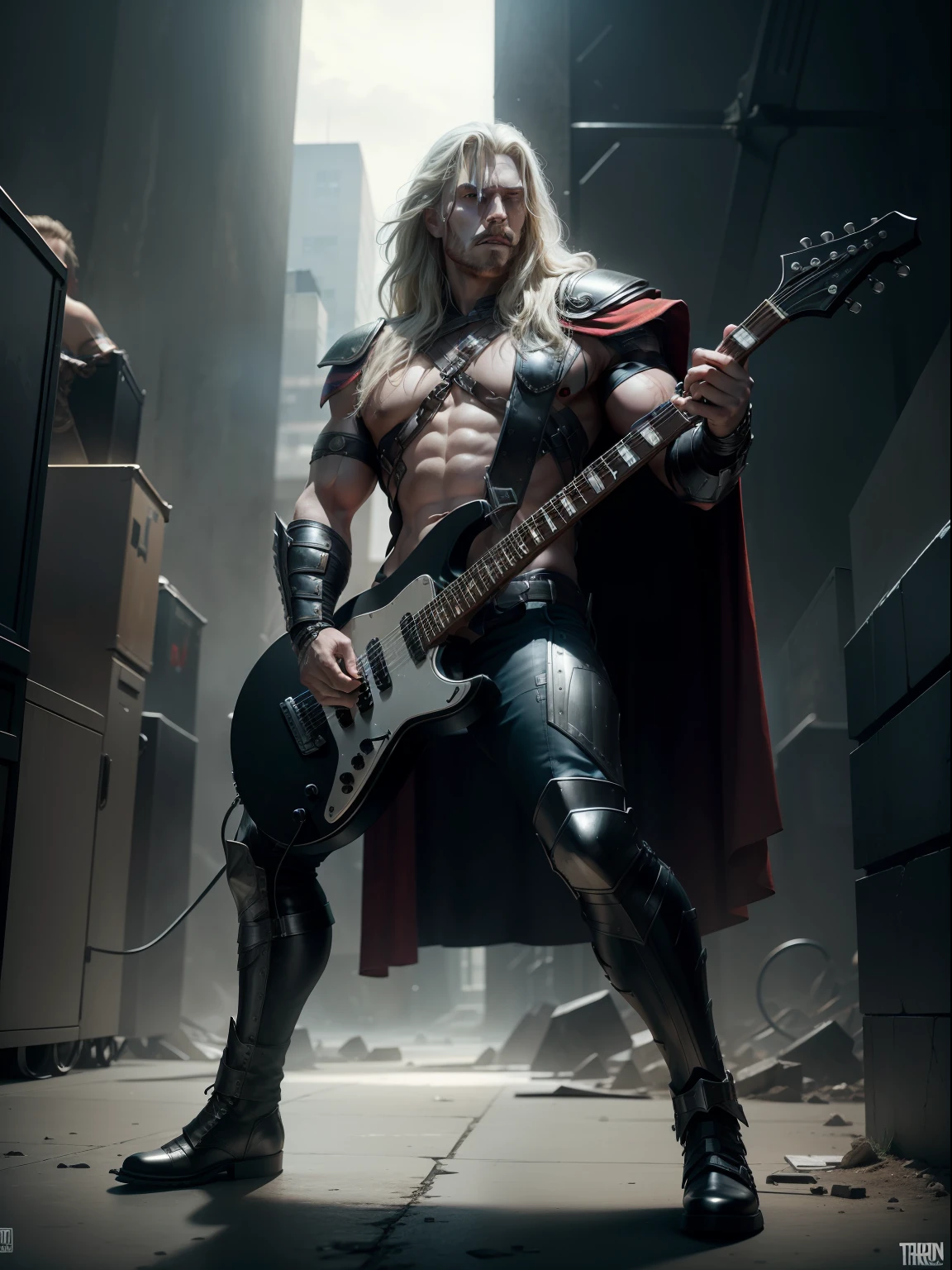 A Dramatic Thor as metal gitaris, cinematic, extreem realistic, extreem detailed, extreem Sharp, full body shot